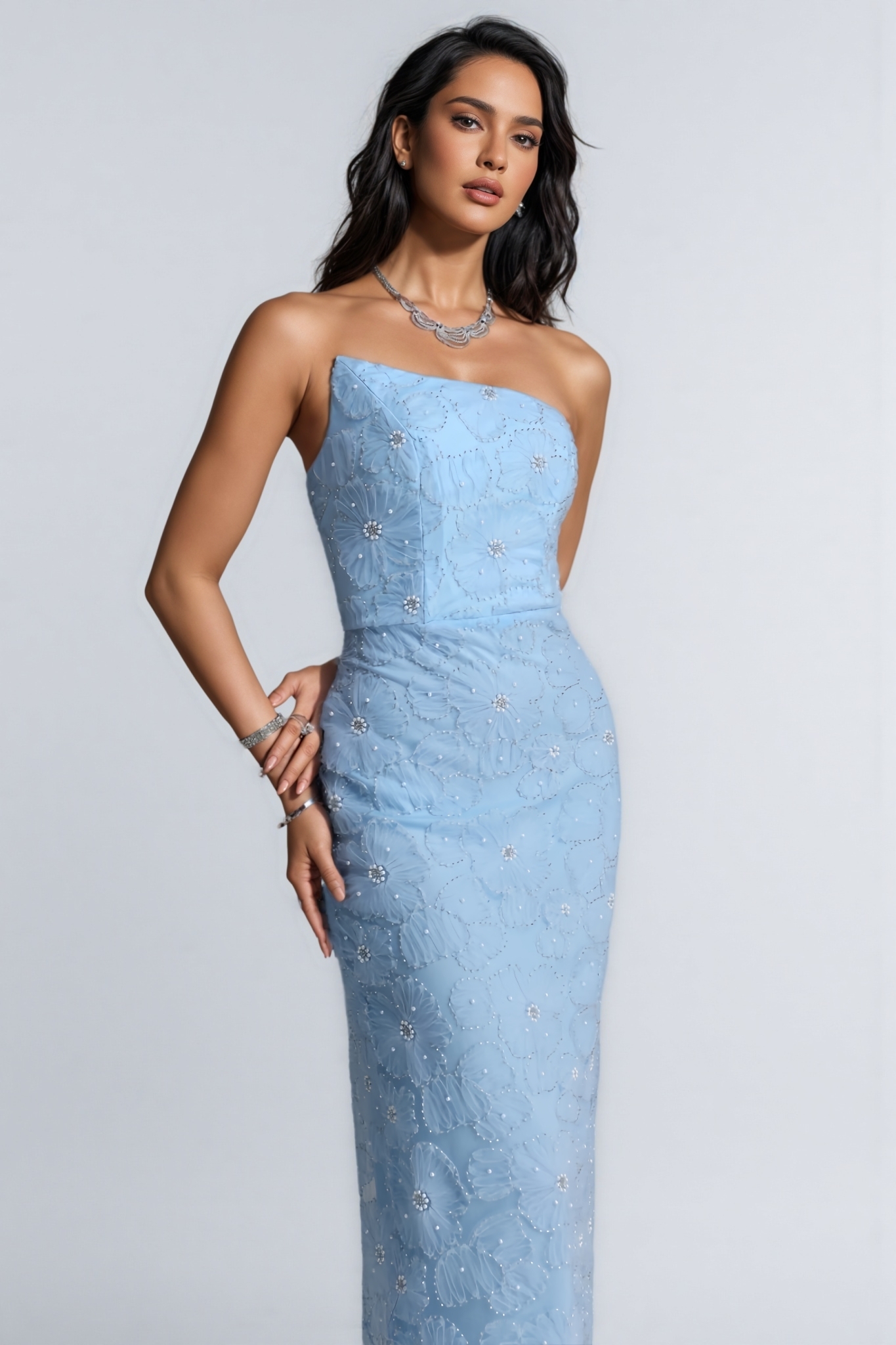 Dasper Blue Strapless Rhinestone Maxi Dress