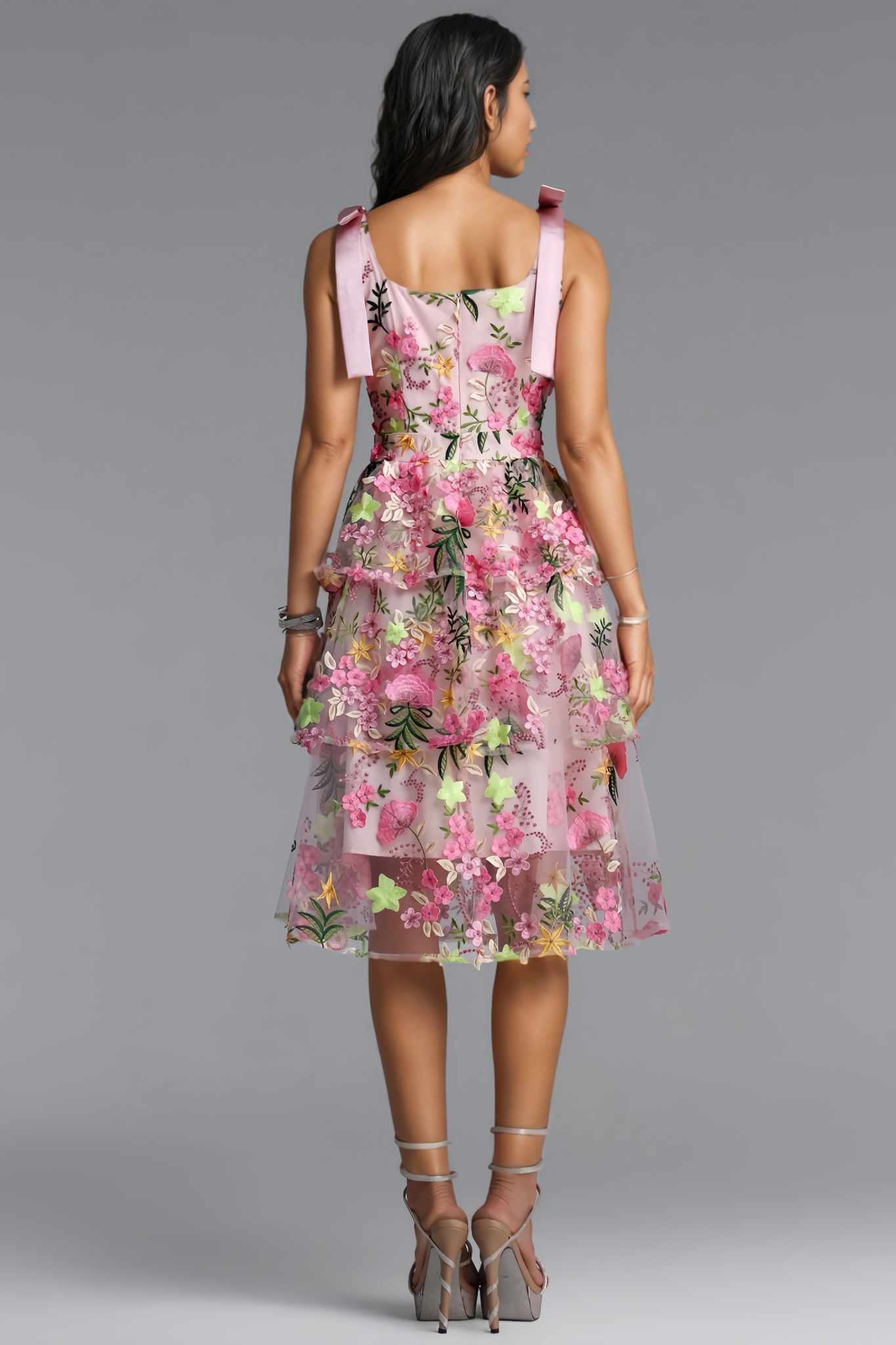 Ewant Pink Embroidery Tiered Ruffle Midi Dress