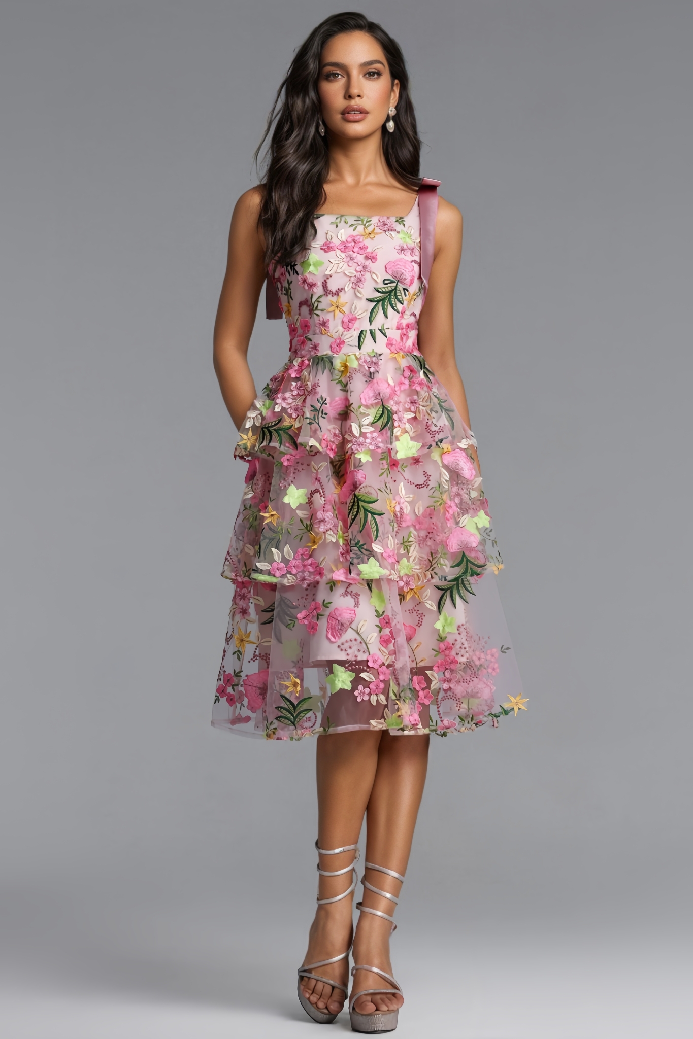 Ewant Pink Embroidery Tiered Ruffle Midi Dress