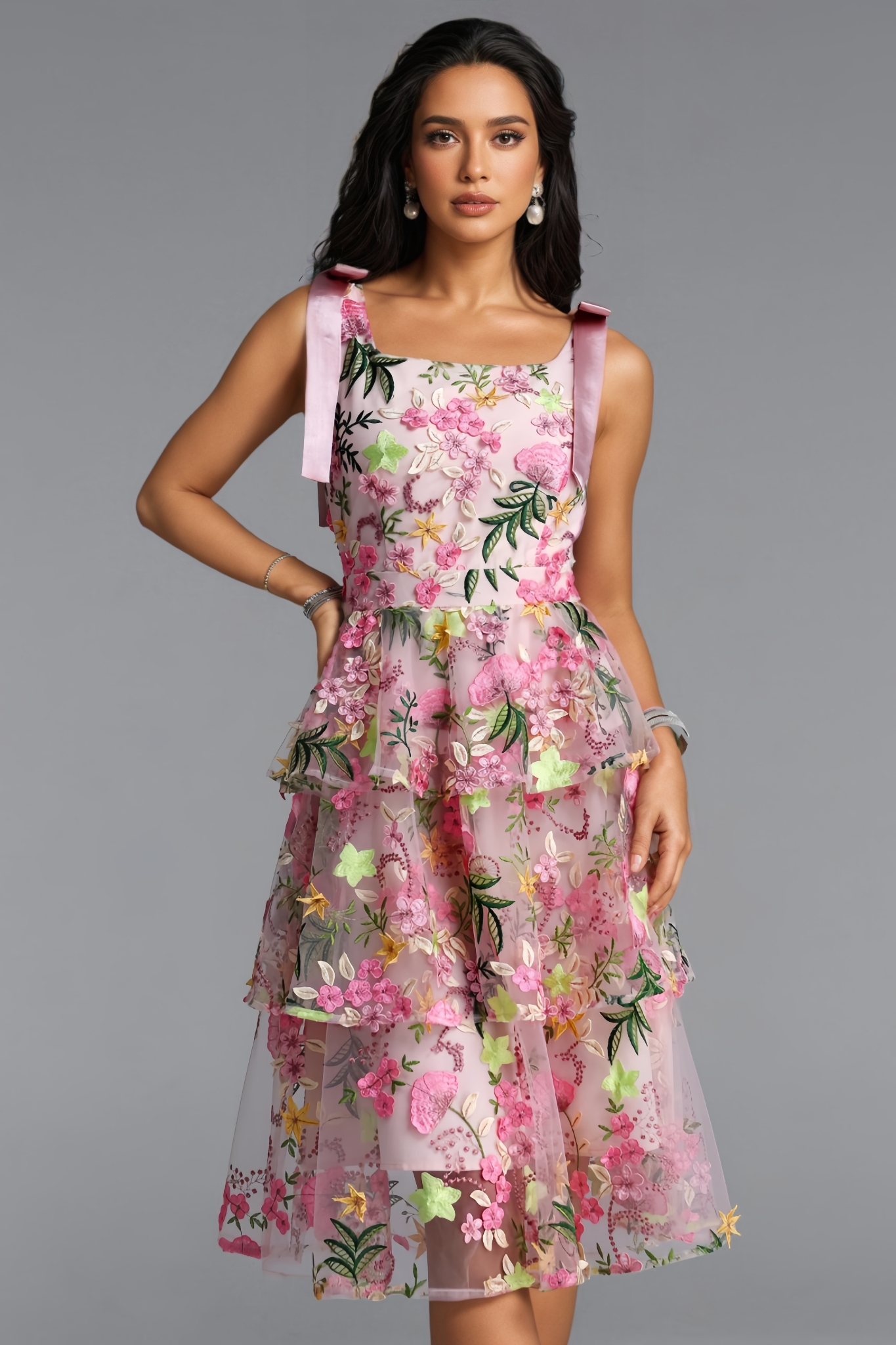 Ewant Pink Embroidery Tiered Ruffle Midi Dress
