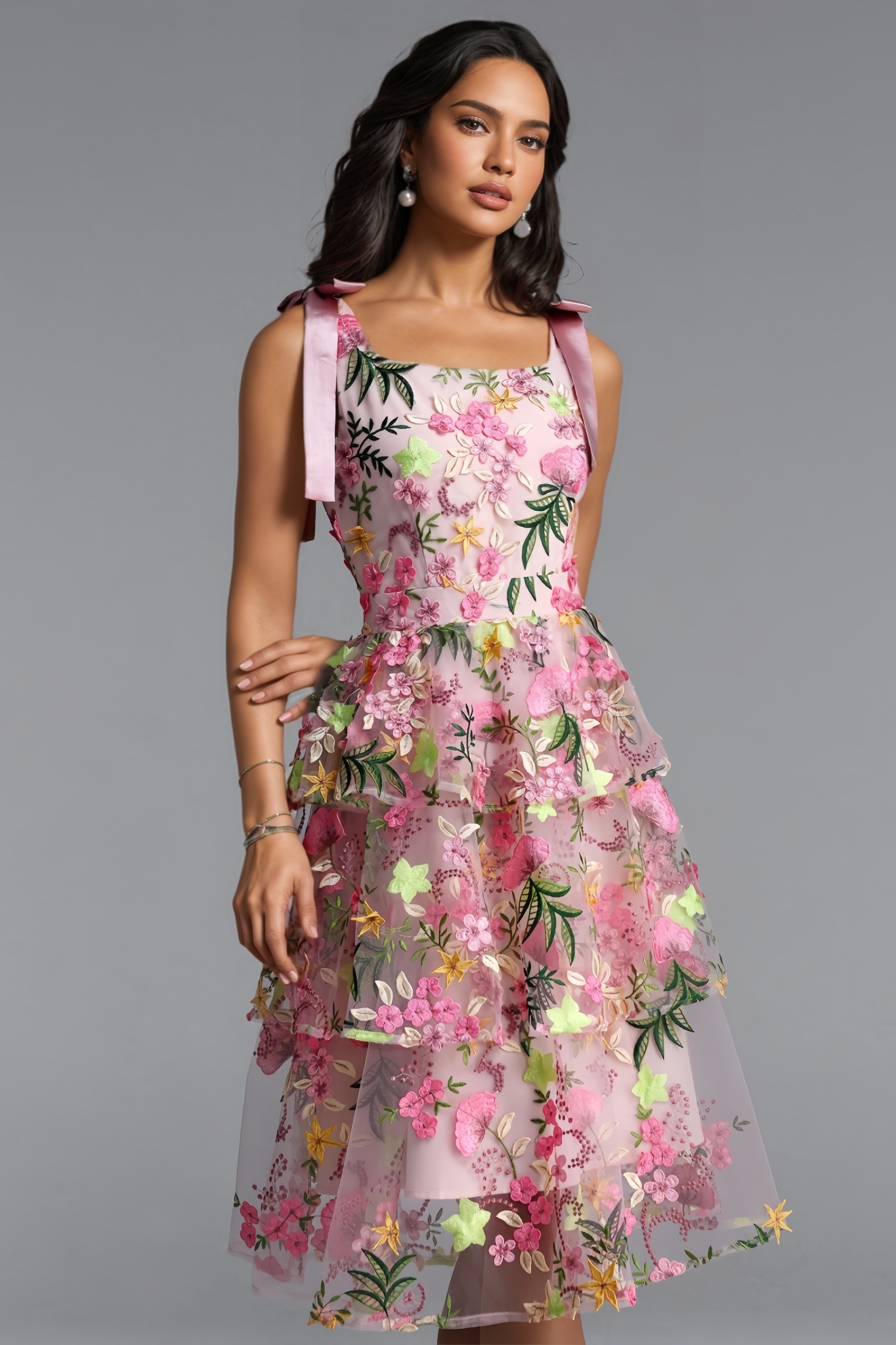 Ewant Pink Embroidery Tiered Ruffle Midi Dress