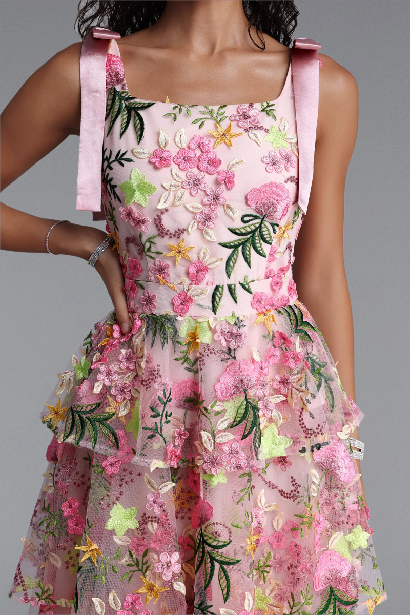 Ewant Pink Embroidery Tiered Ruffle Midi Dress