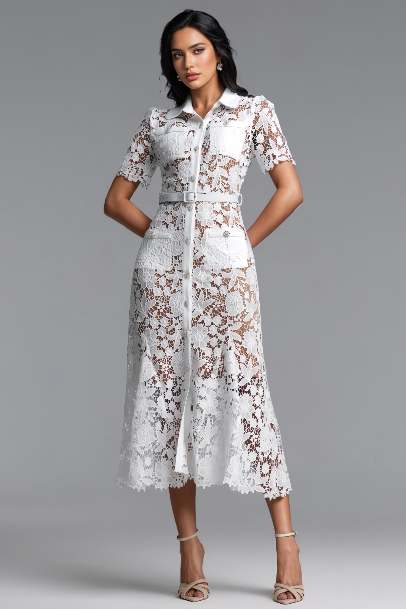 Kalani White Short Sleeve Lace Midi Dress