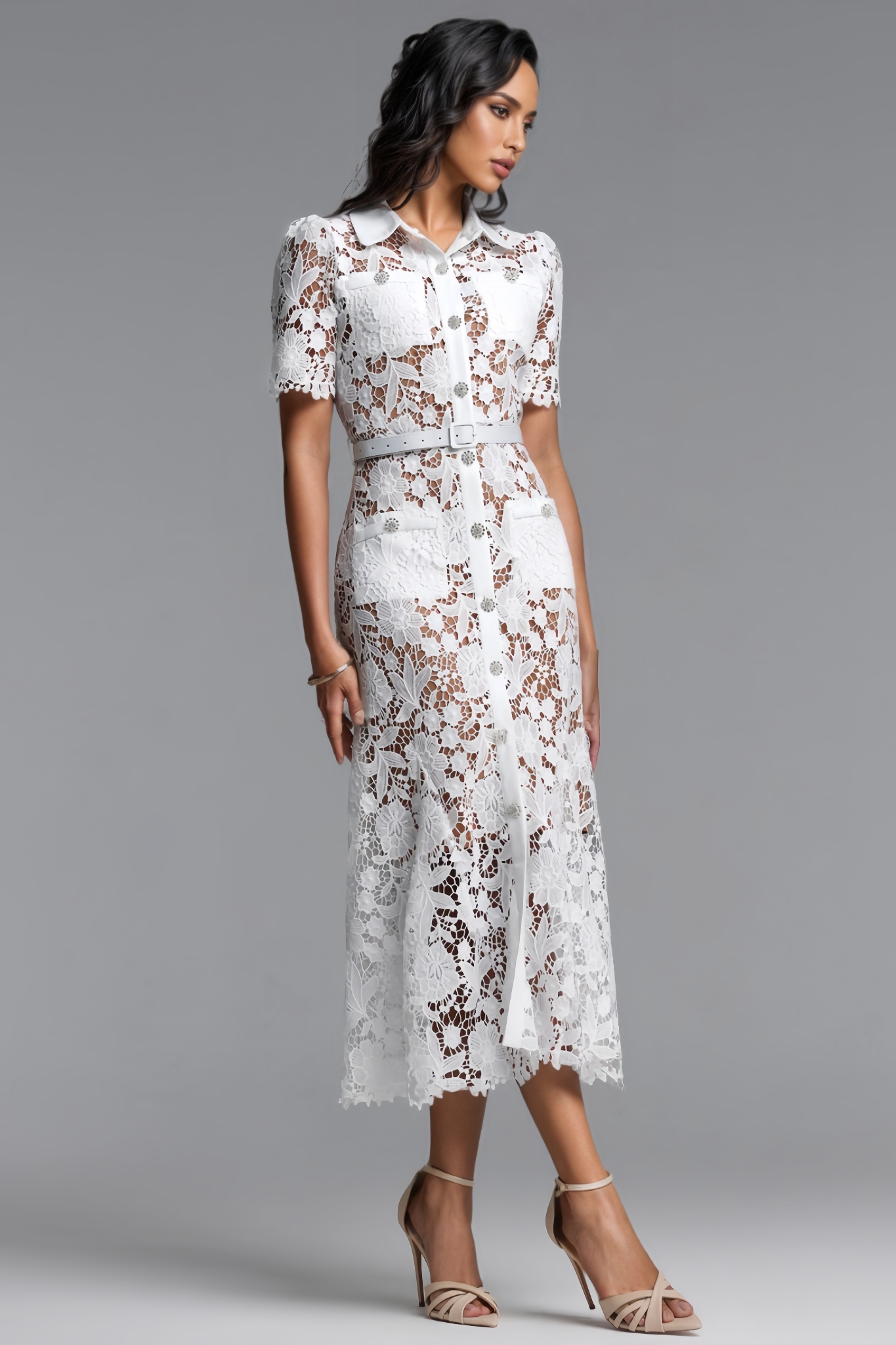 Kalani White Short Sleeve Lace Midi Dress
