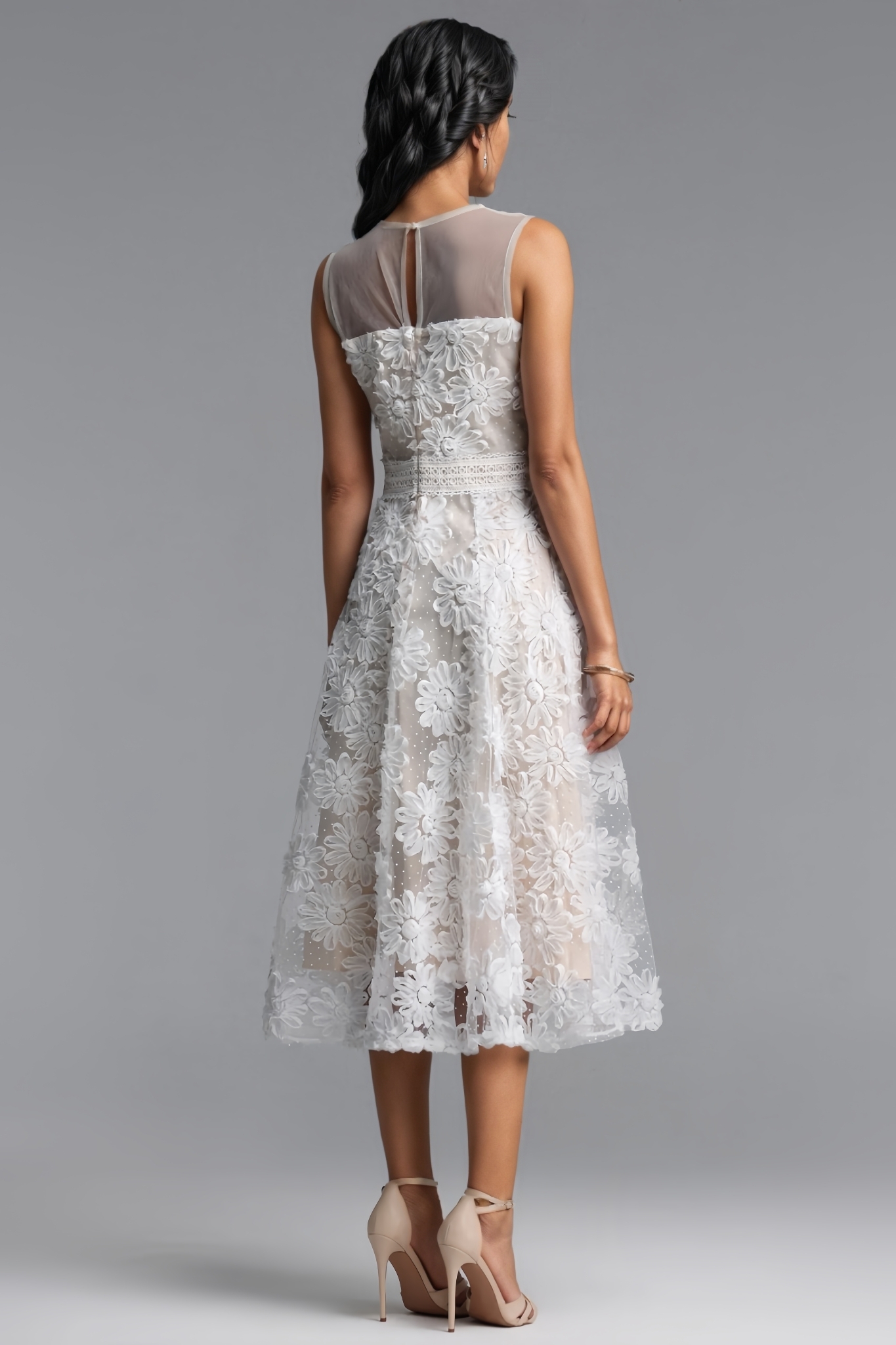 Nuinlan Sleeveless 3D Floral Tulle Midi Dress