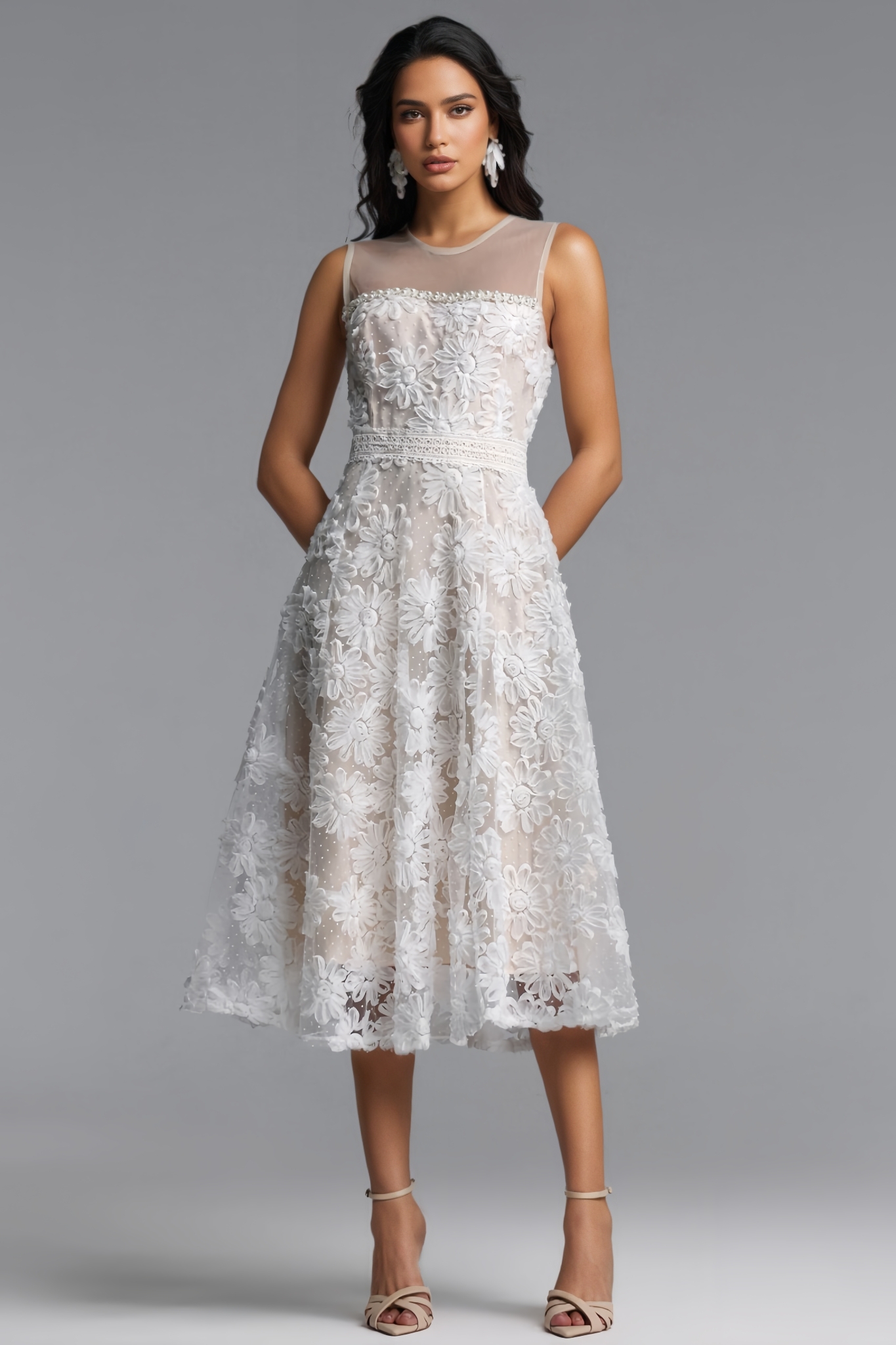 Nuinlan Sleeveless 3D Floral Tulle Midi Dress
