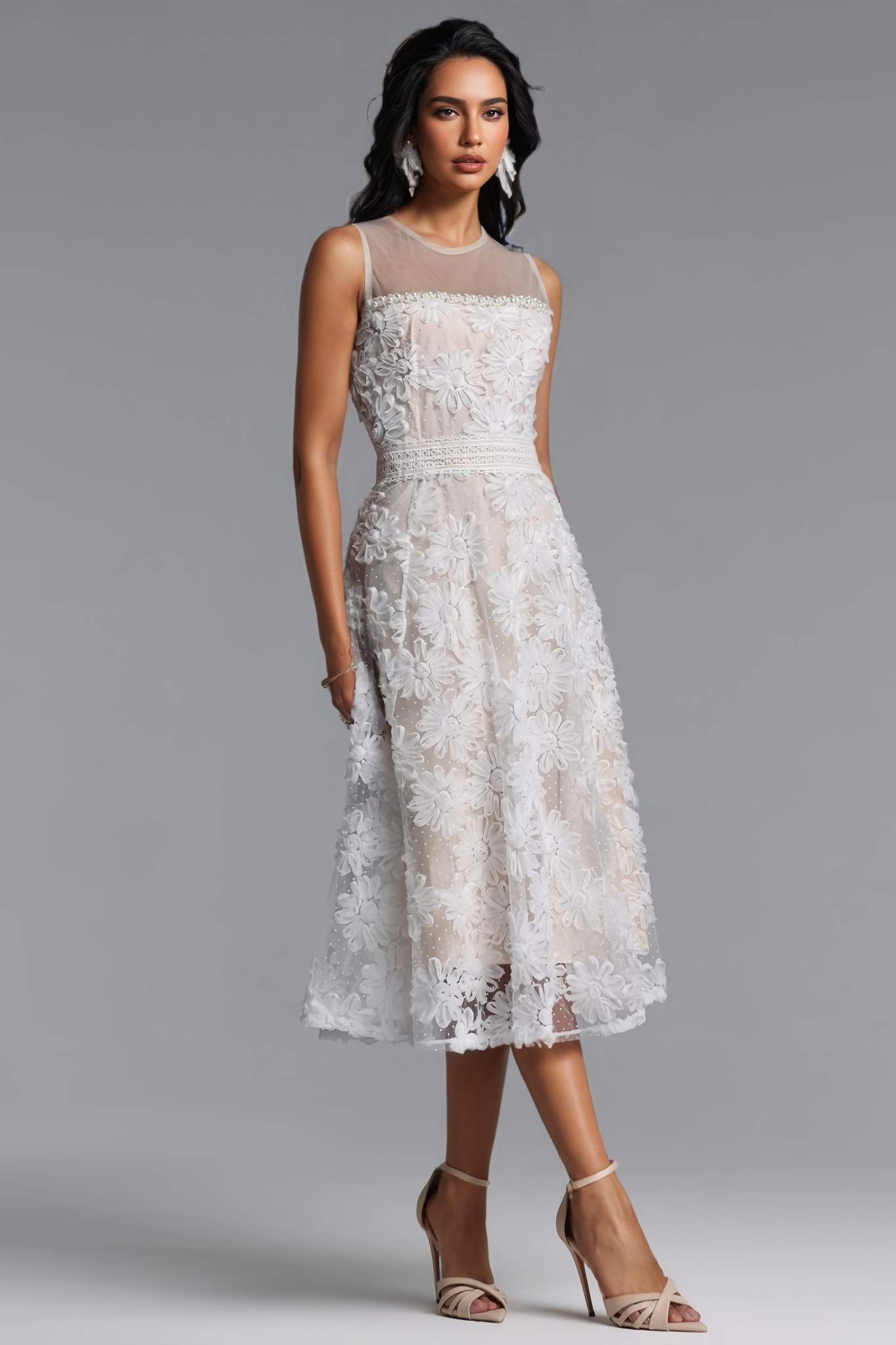 Nuinlan Sleeveless 3D Floral Tulle Midi Dress