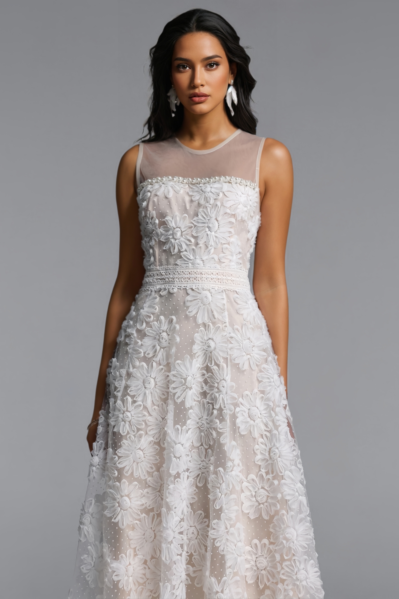 Nuinlan Sleeveless 3D Floral Tulle Midi Dress