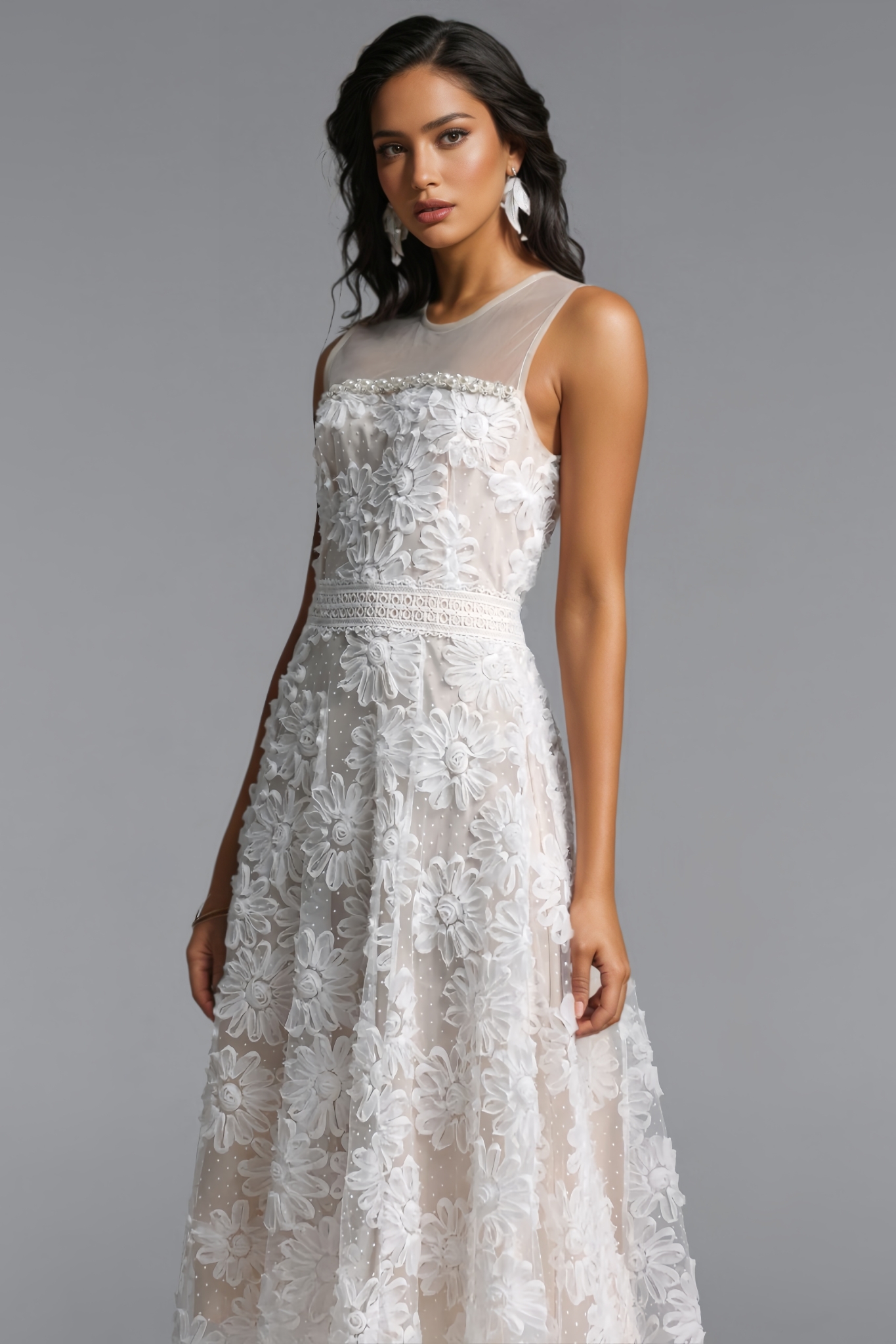 Nuinlan Sleeveless 3D Floral Tulle Midi Dress