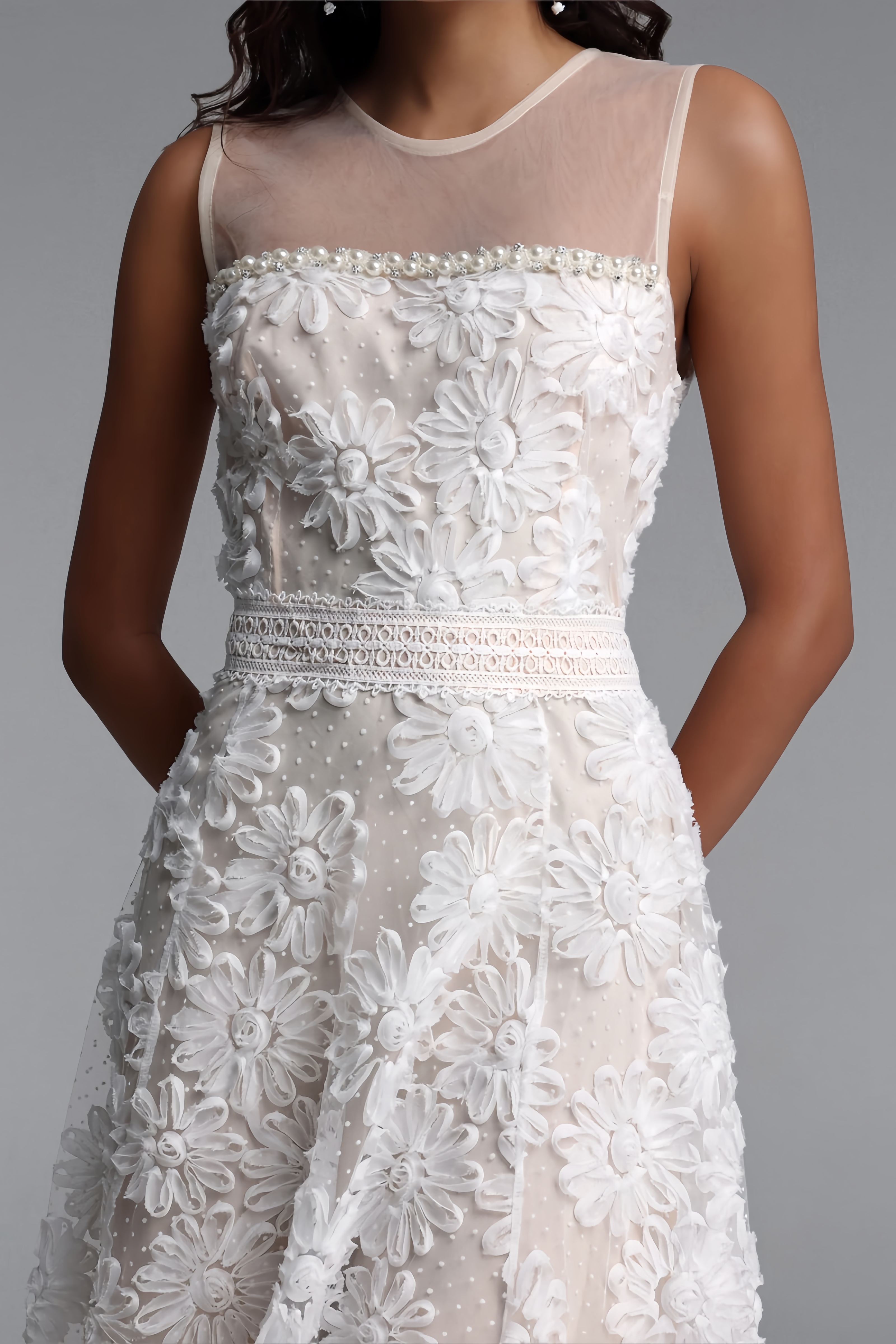 Nuinlan Sleeveless 3D Floral Tulle Midi Dress