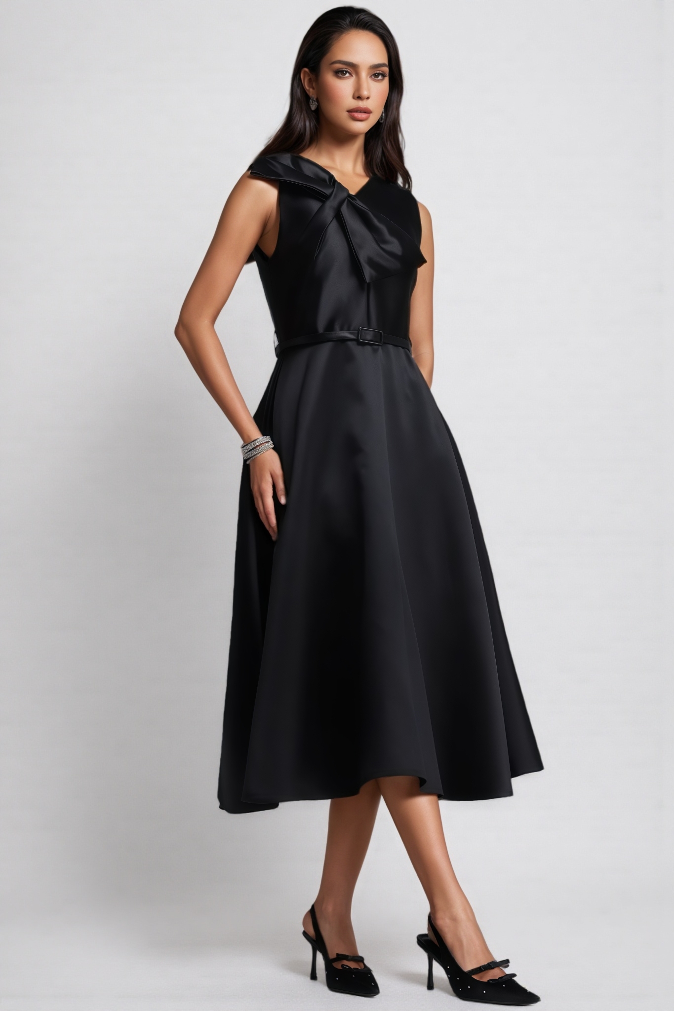 Kuill Black Sleeveless Bow Midi Dress