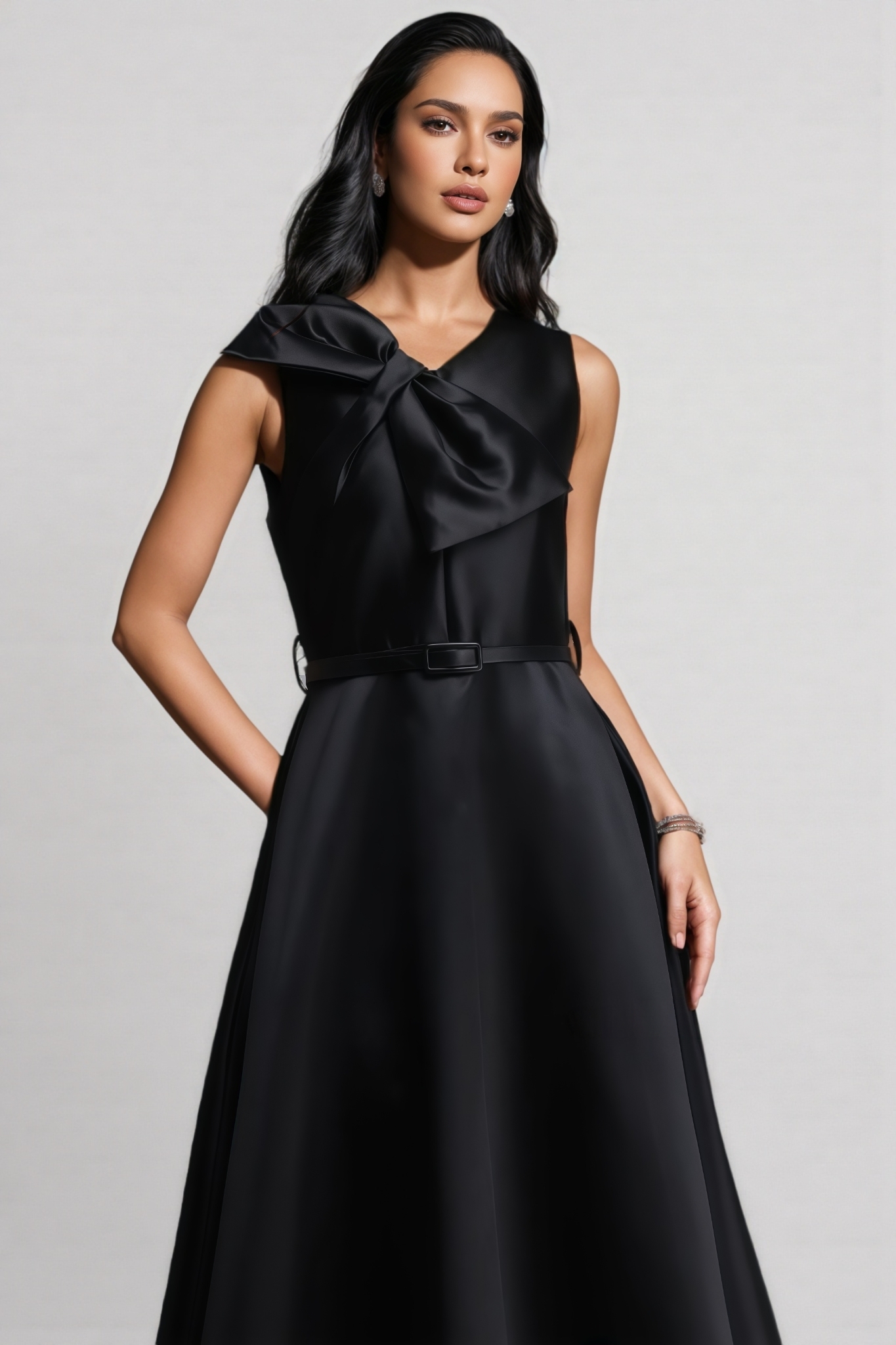 Kuill Black Sleeveless Bow Midi Dress