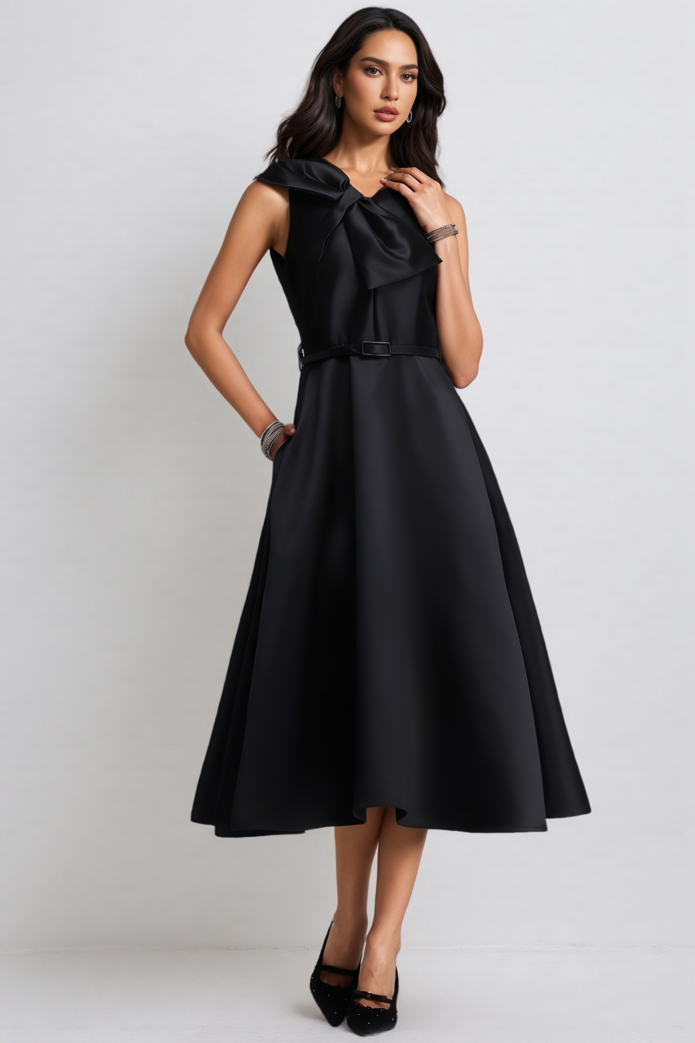 Kuill Black Sleeveless Bow Midi Dress