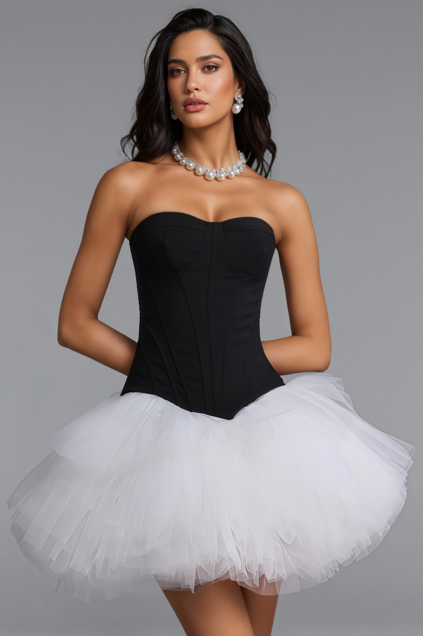 Dpal Black Strapless Tulle Mini Dress Set