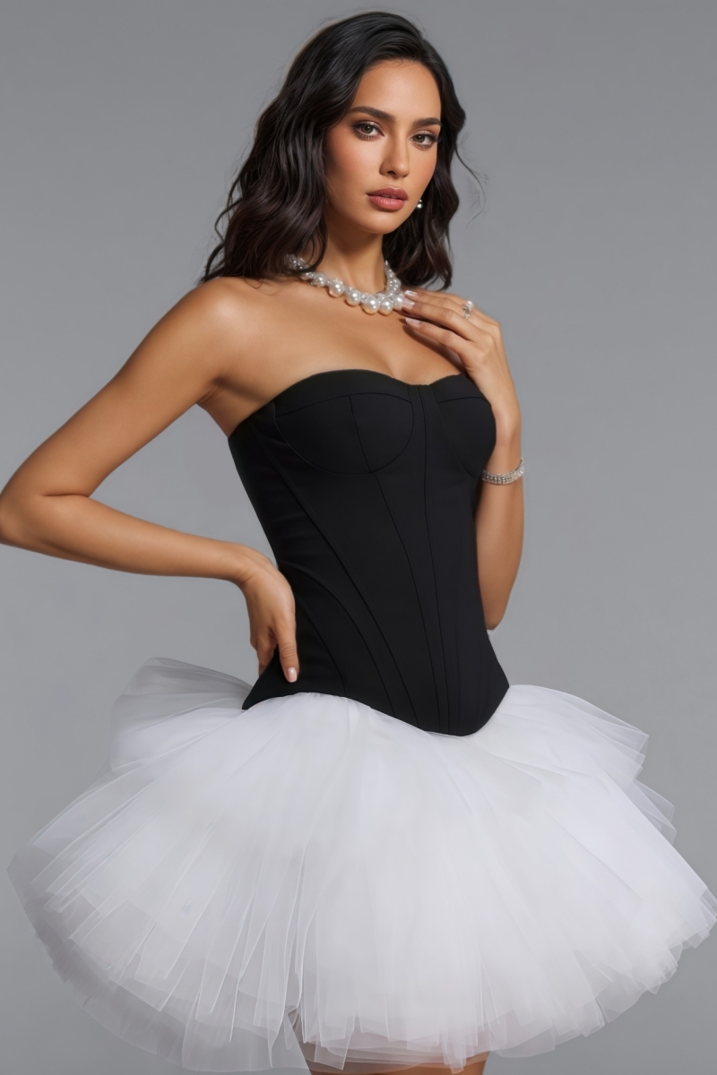 Dpal Black Strapless Tulle Mini Dress Set