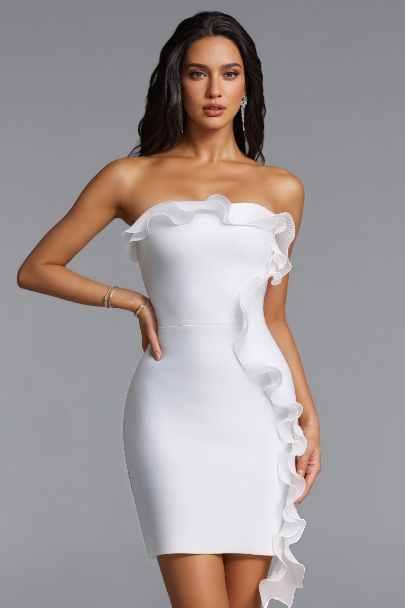 Erson White Strapless Ruffle Bandage Mini Dress
