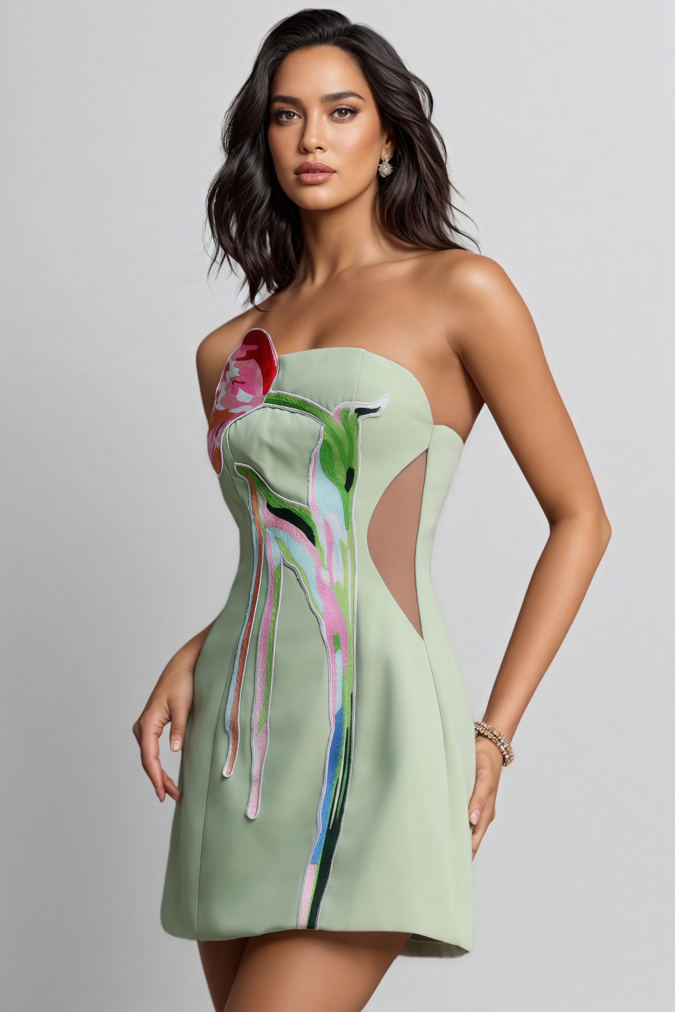 Patience Green Strapless Embroidery Mini Dress