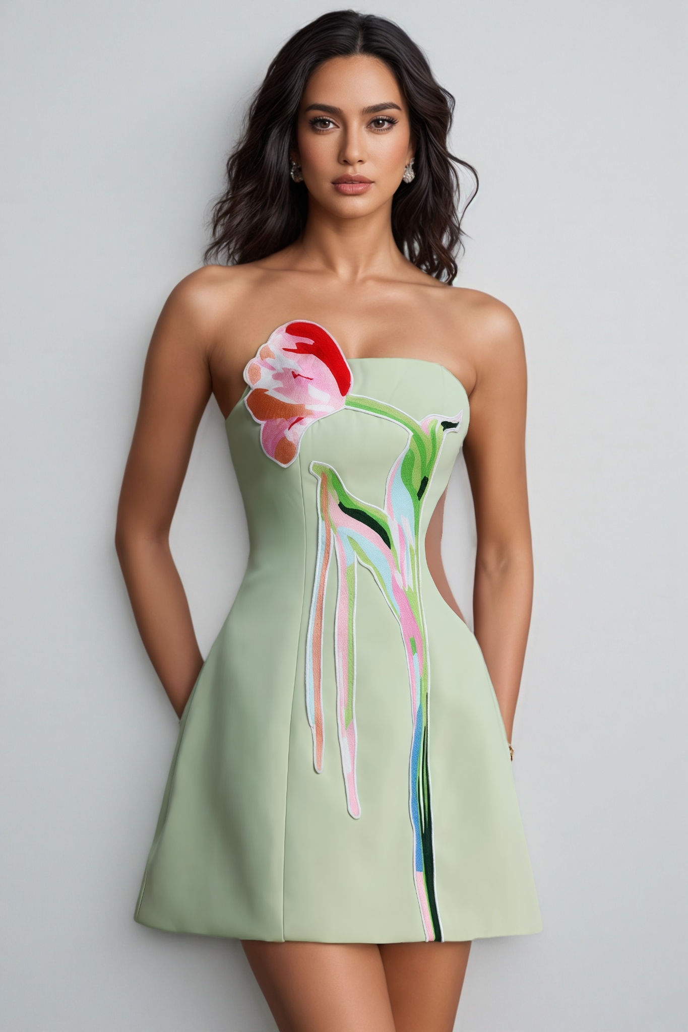 Patience Green Strapless Embroidery Mini Dress