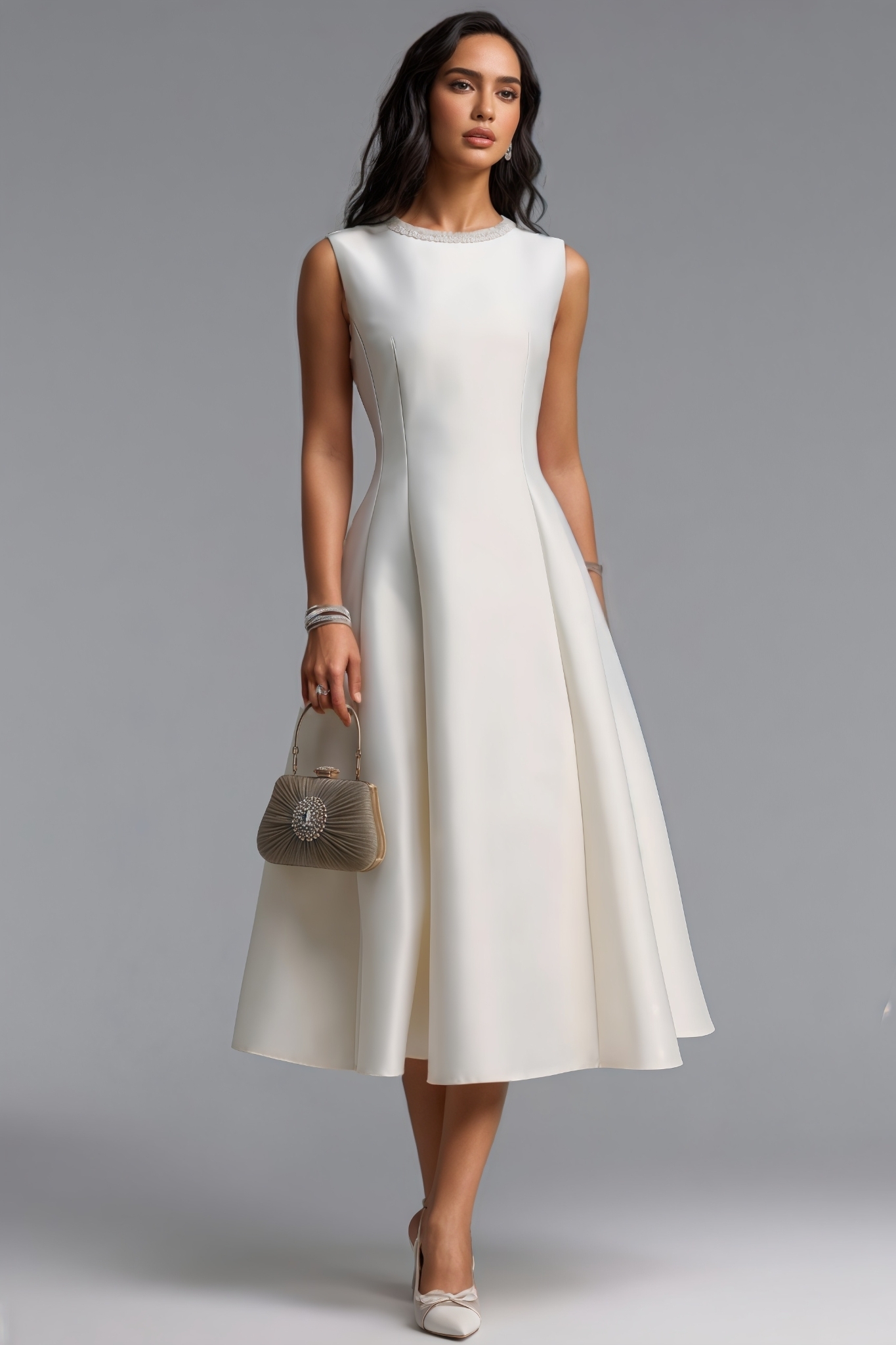 Philippa Beige Sleeveless Pearl Maxi Dress