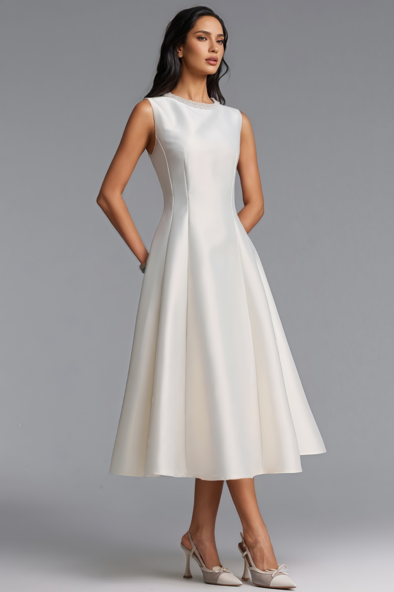 Philippa Beige Sleeveless Pearl Maxi Dress