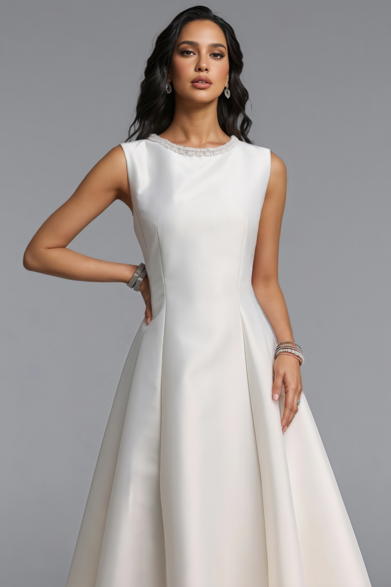 Philippa Beige Sleeveless Pearl Maxi Dress
