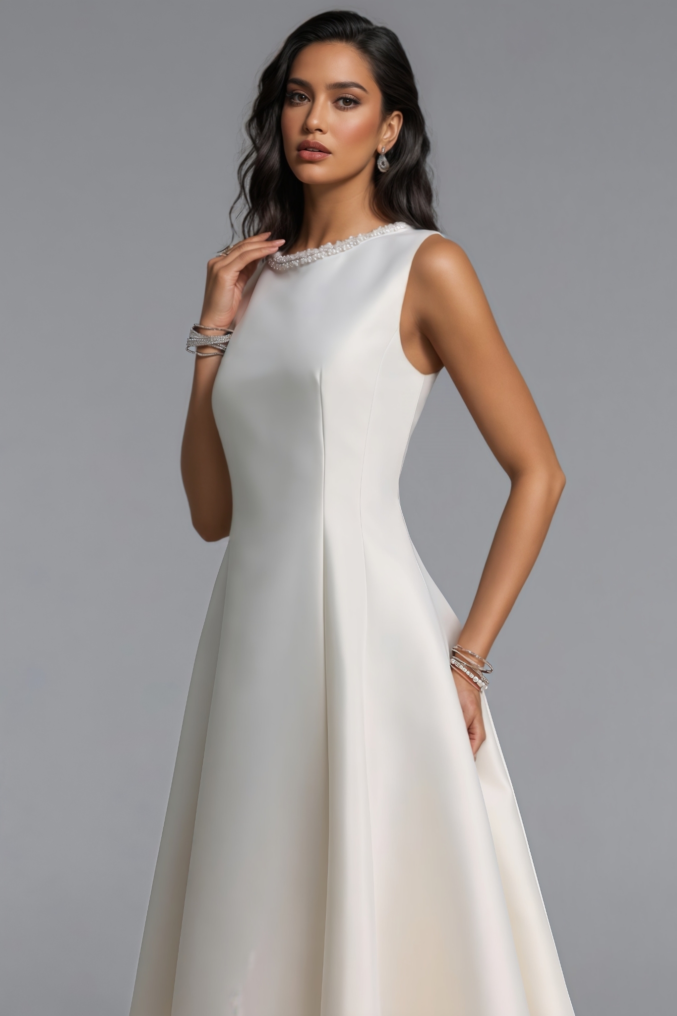 Philippa Beige Sleeveless Pearl Maxi Dress