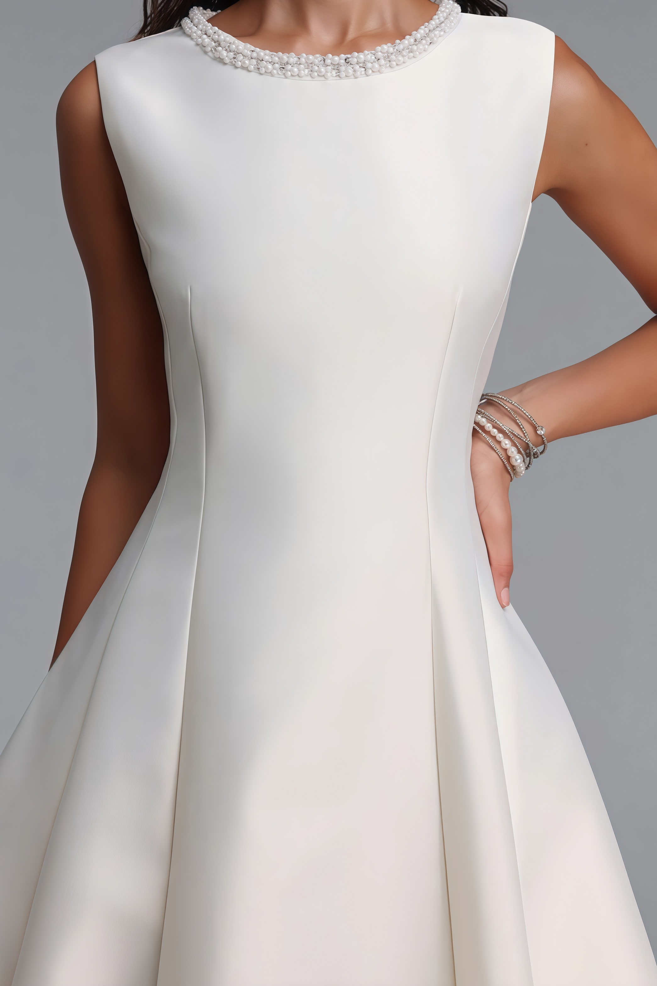 Philippa Beige Sleeveless Pearl Maxi Dress