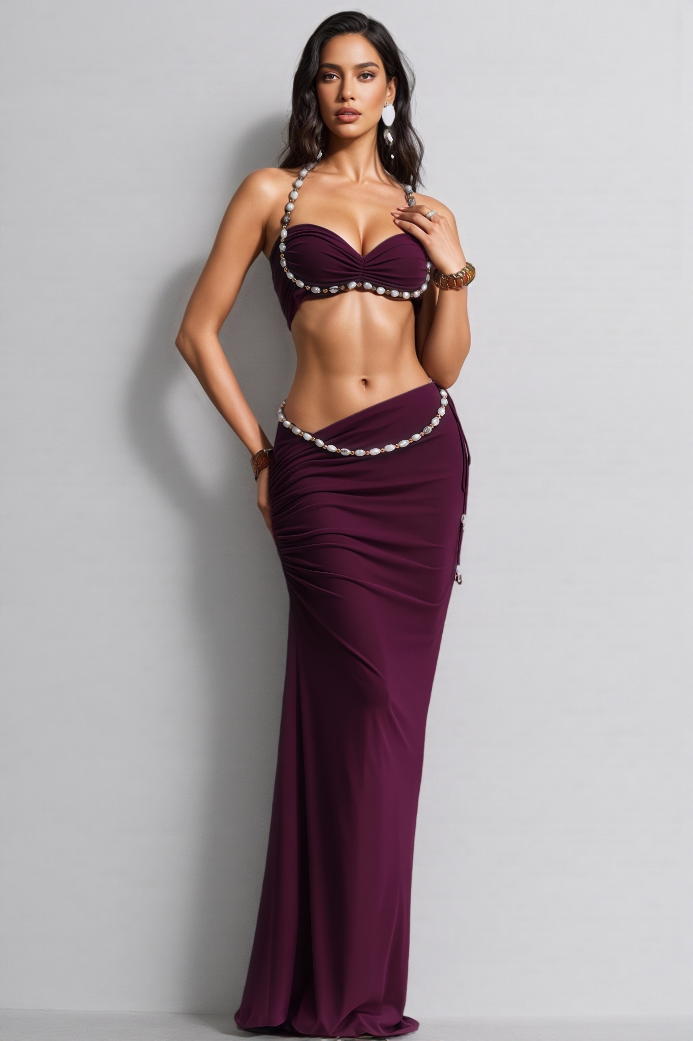 Percy Purple Halter Neck Ruched Maxi Dress Set
