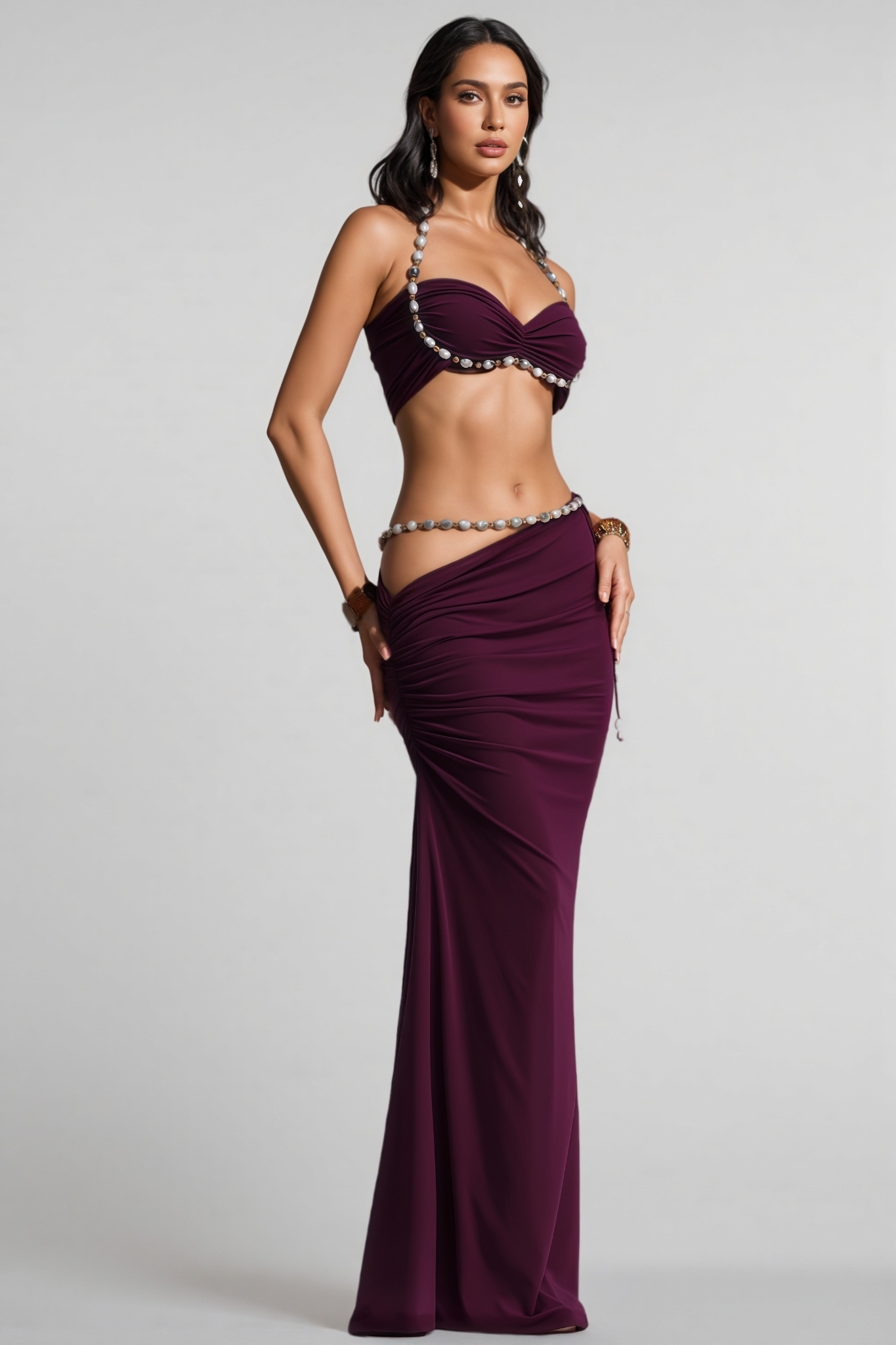 Percy Purple Halter Neck Ruched Maxi Dress Set