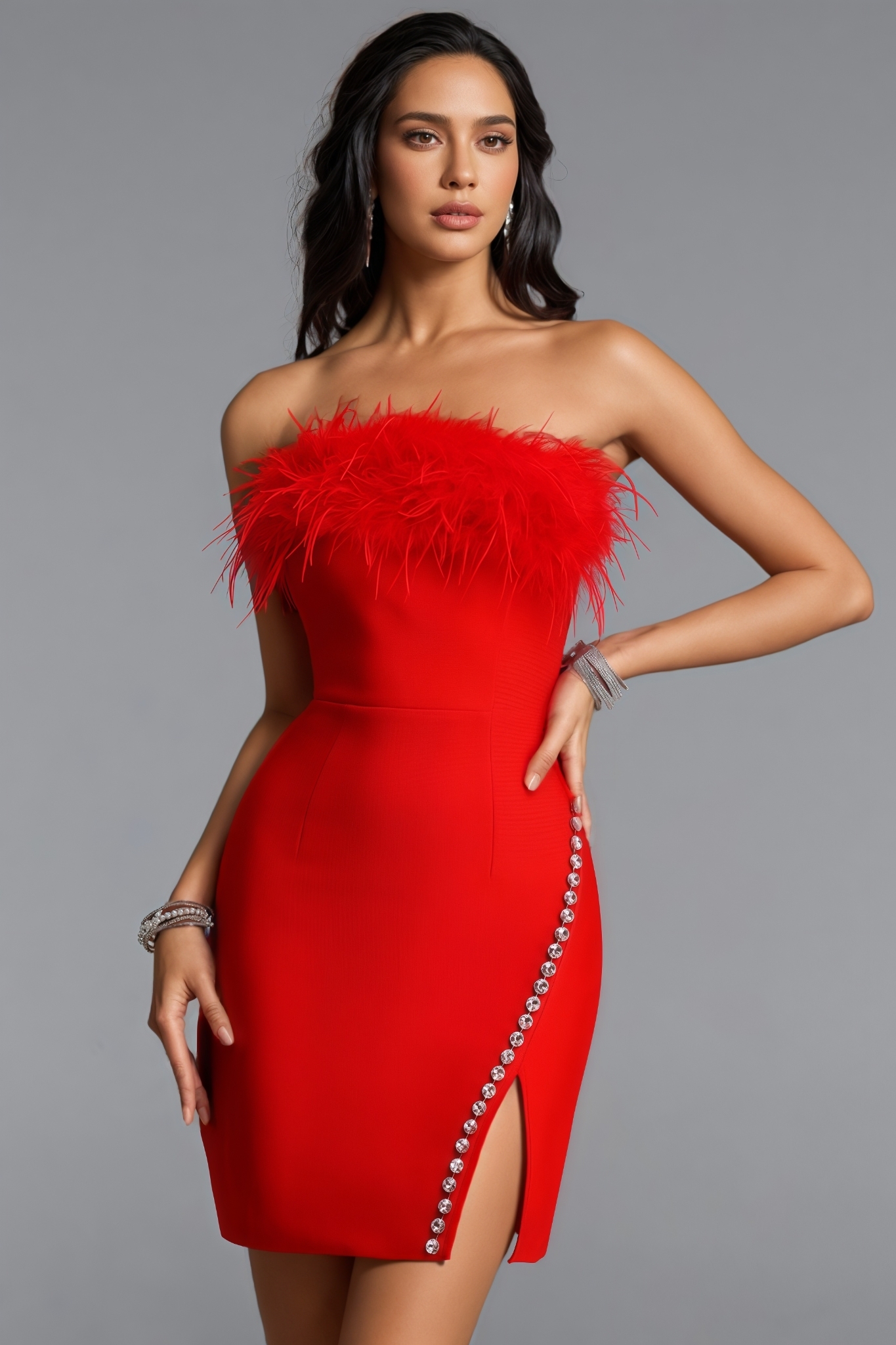 Oscar Red Rhinestone Slit Bandage Mini Dress