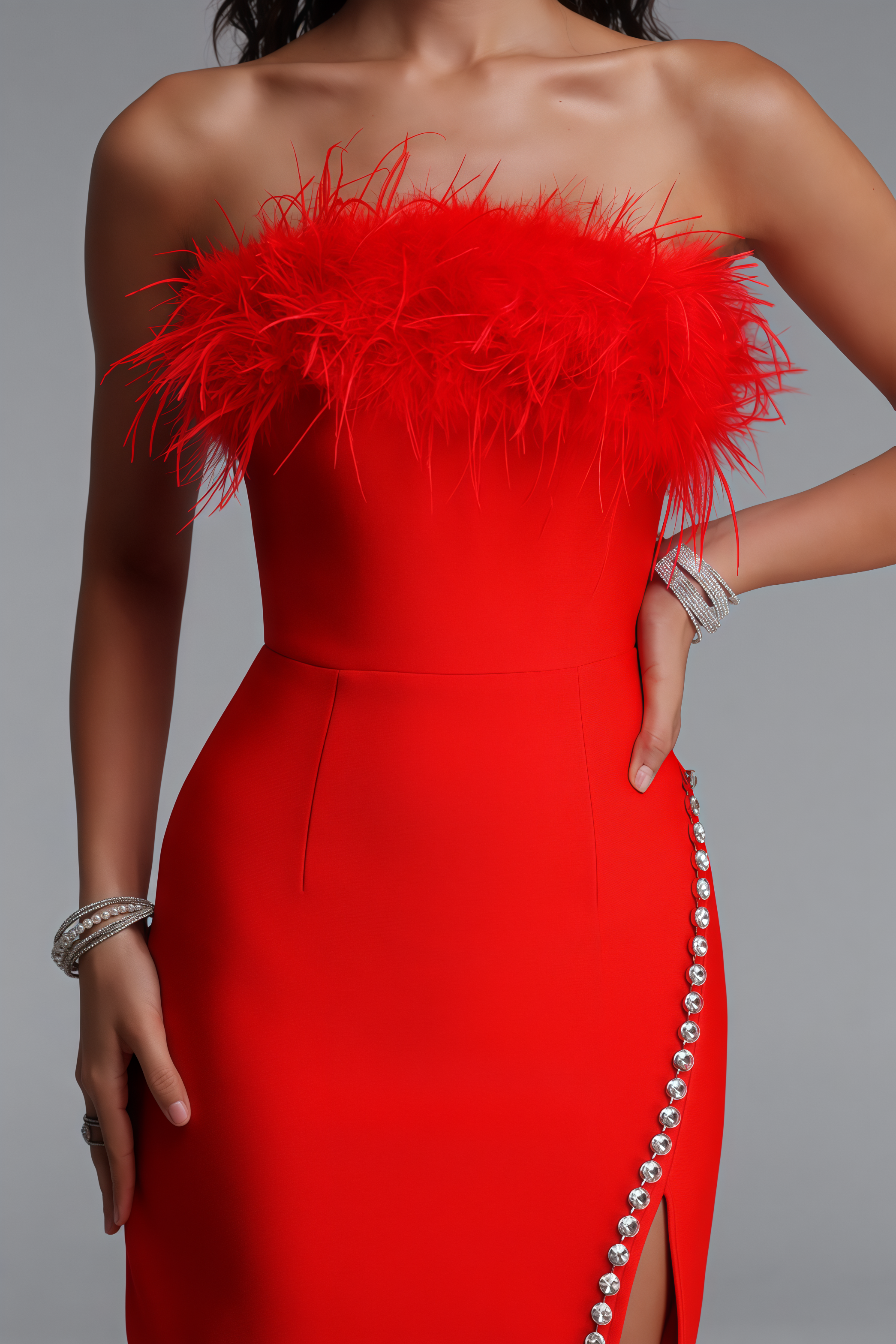 Oscar Red Rhinestone Slit Bandage Mini Dress