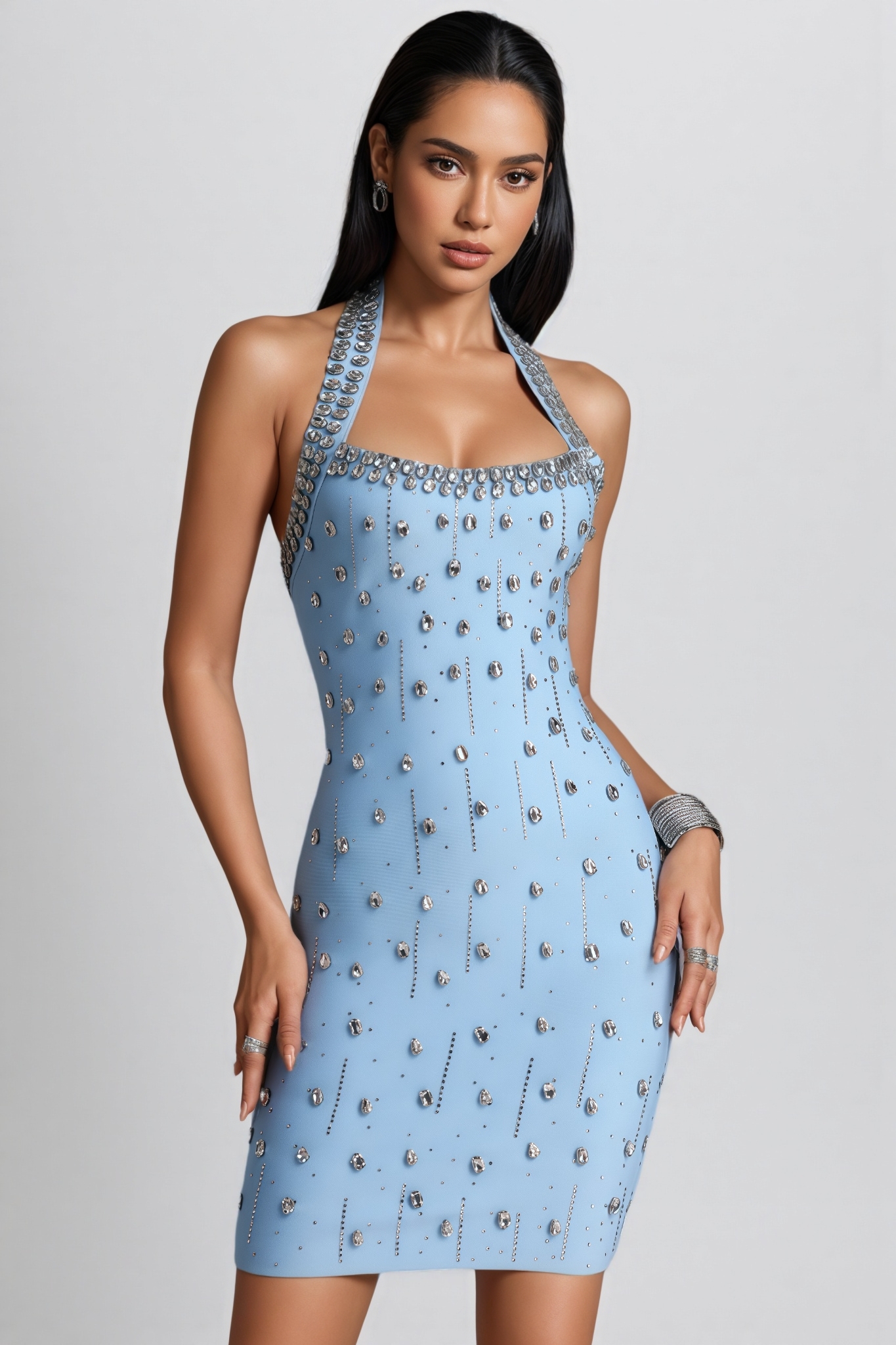 Fandora Blue Halter Neck Rhinestone Bandage Mini Dress