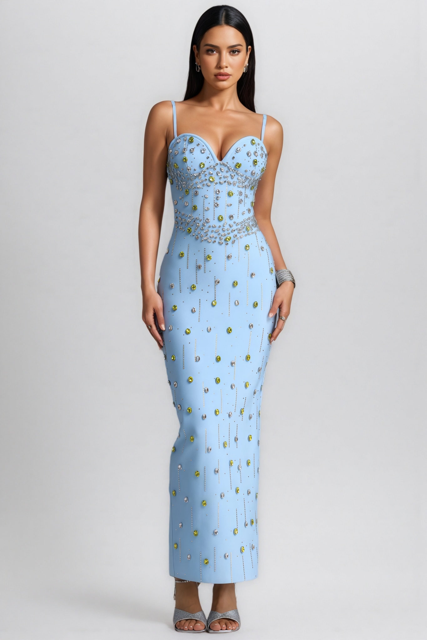 Hiamh Blue Rhinestone Bandage Maxi Dress