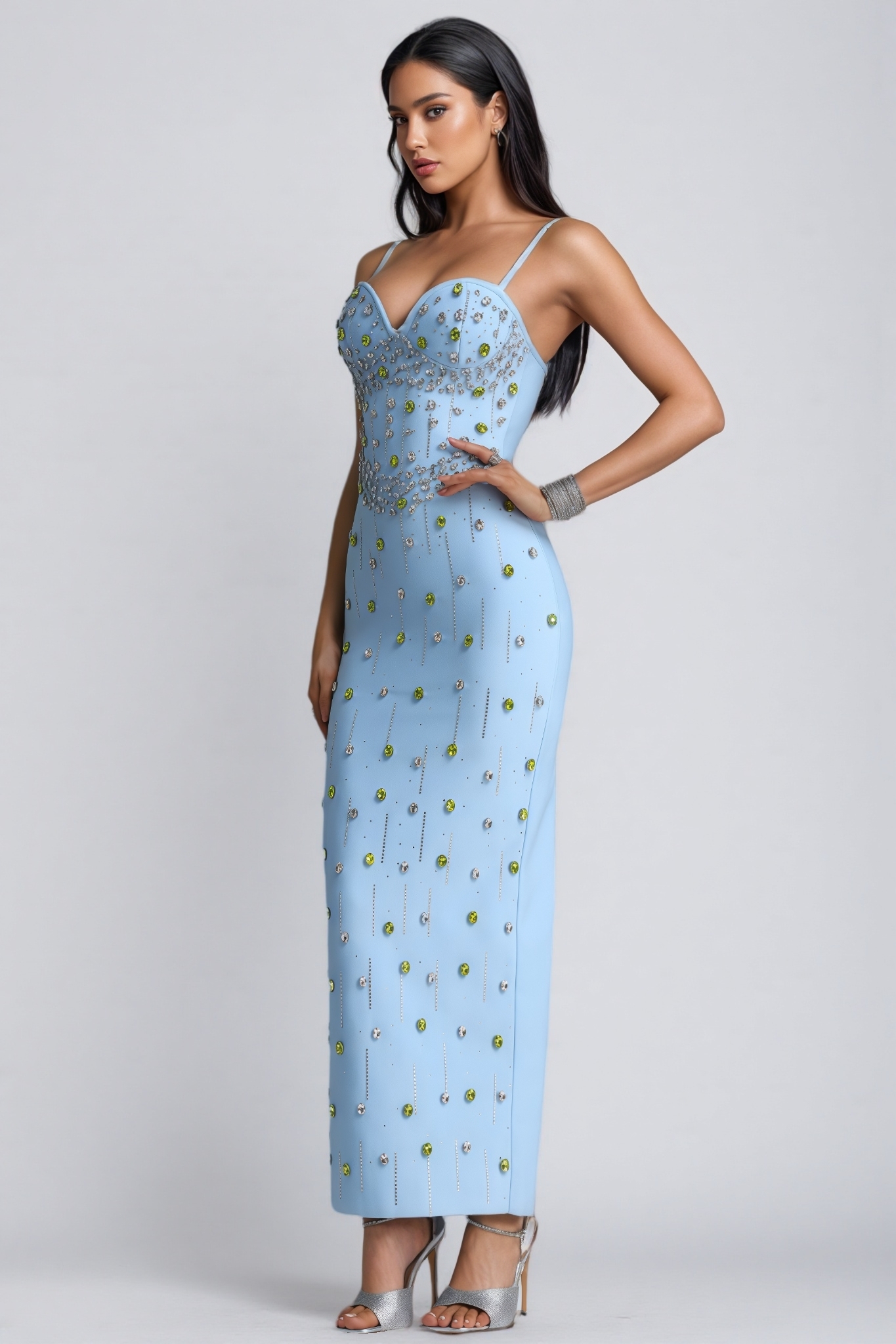 Hiamh Blue Rhinestone Bandage Maxi Dress
