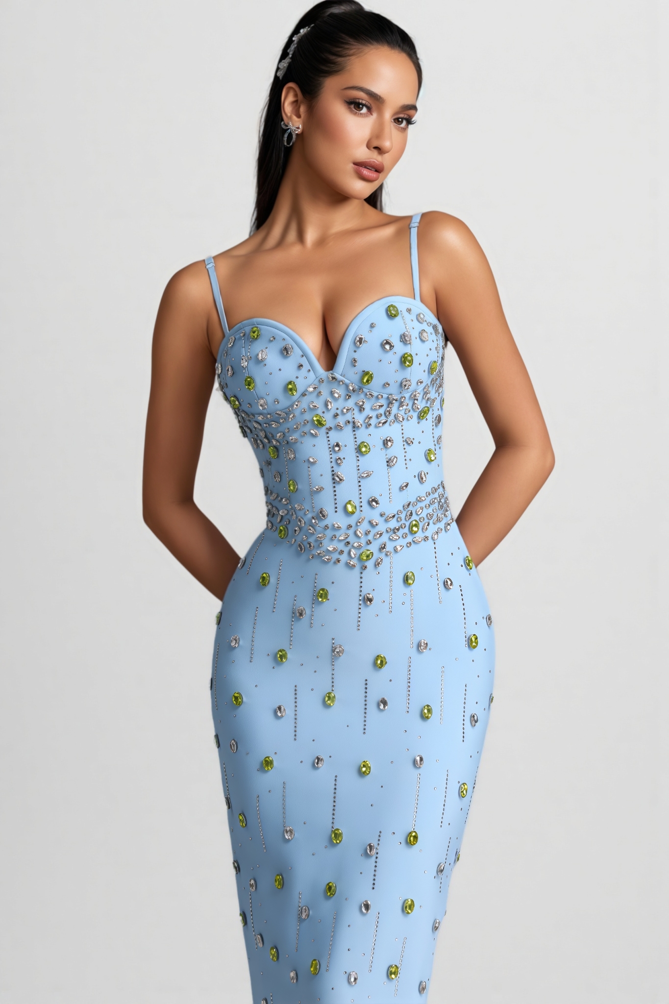 Hiamh Blue Rhinestone Bandage Maxi Dress