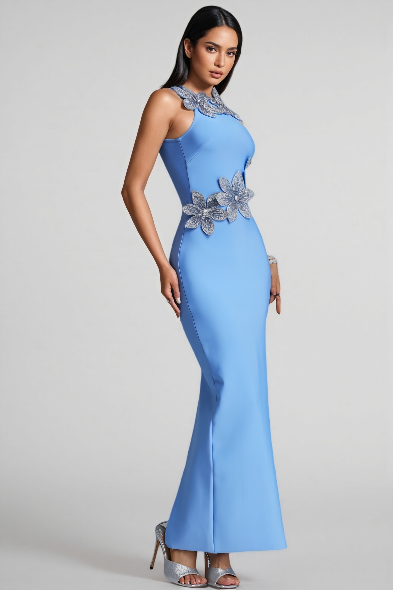 Persephone Blue 3D Floral Diamond Bandage Maxi Dress