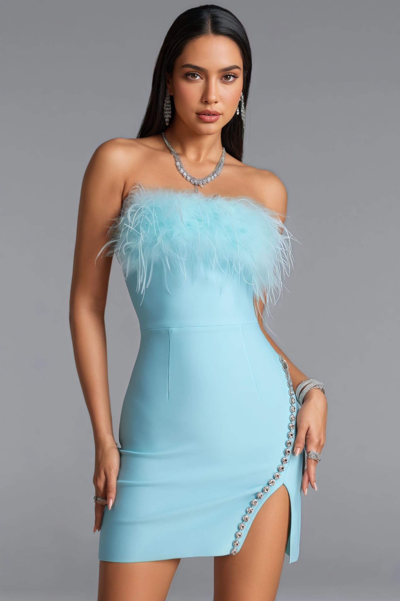 Wriana Blue Rhinestone Slit Bandage Mini Dress