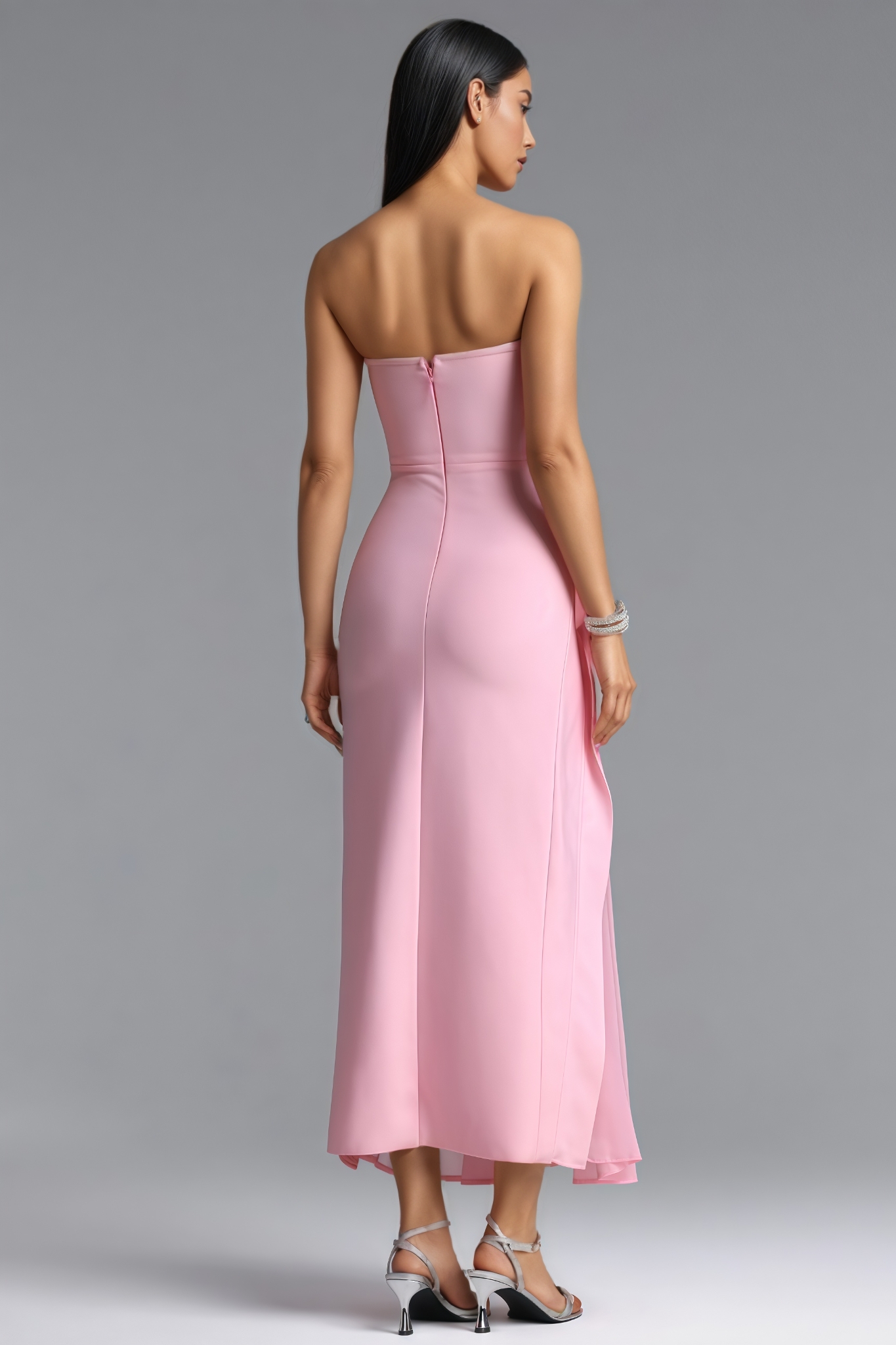 Mafferty Pink Strapless Ruffle Slit Maxi Dress