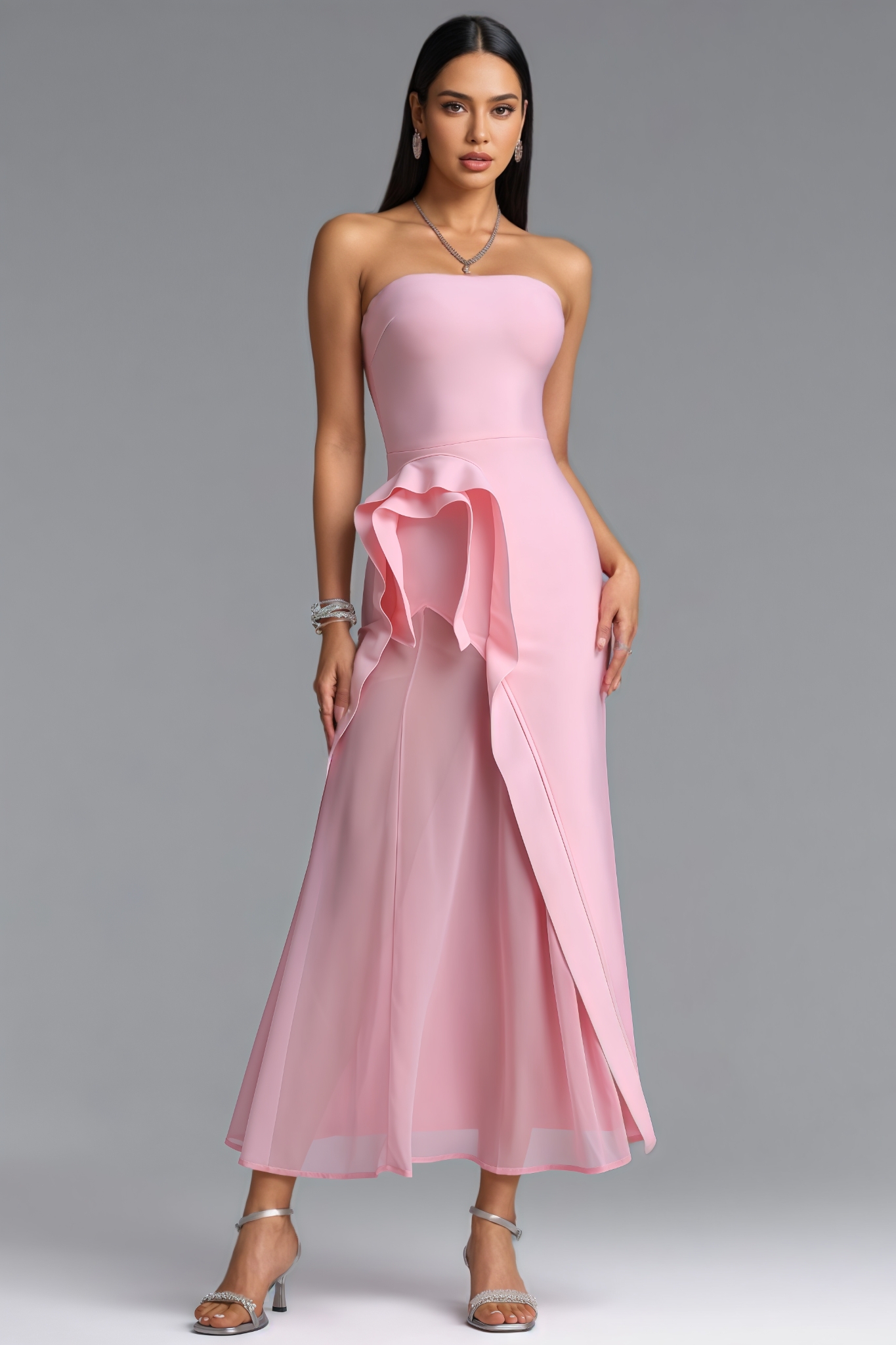Mafferty Pink Strapless Ruffle Slit Maxi Dress