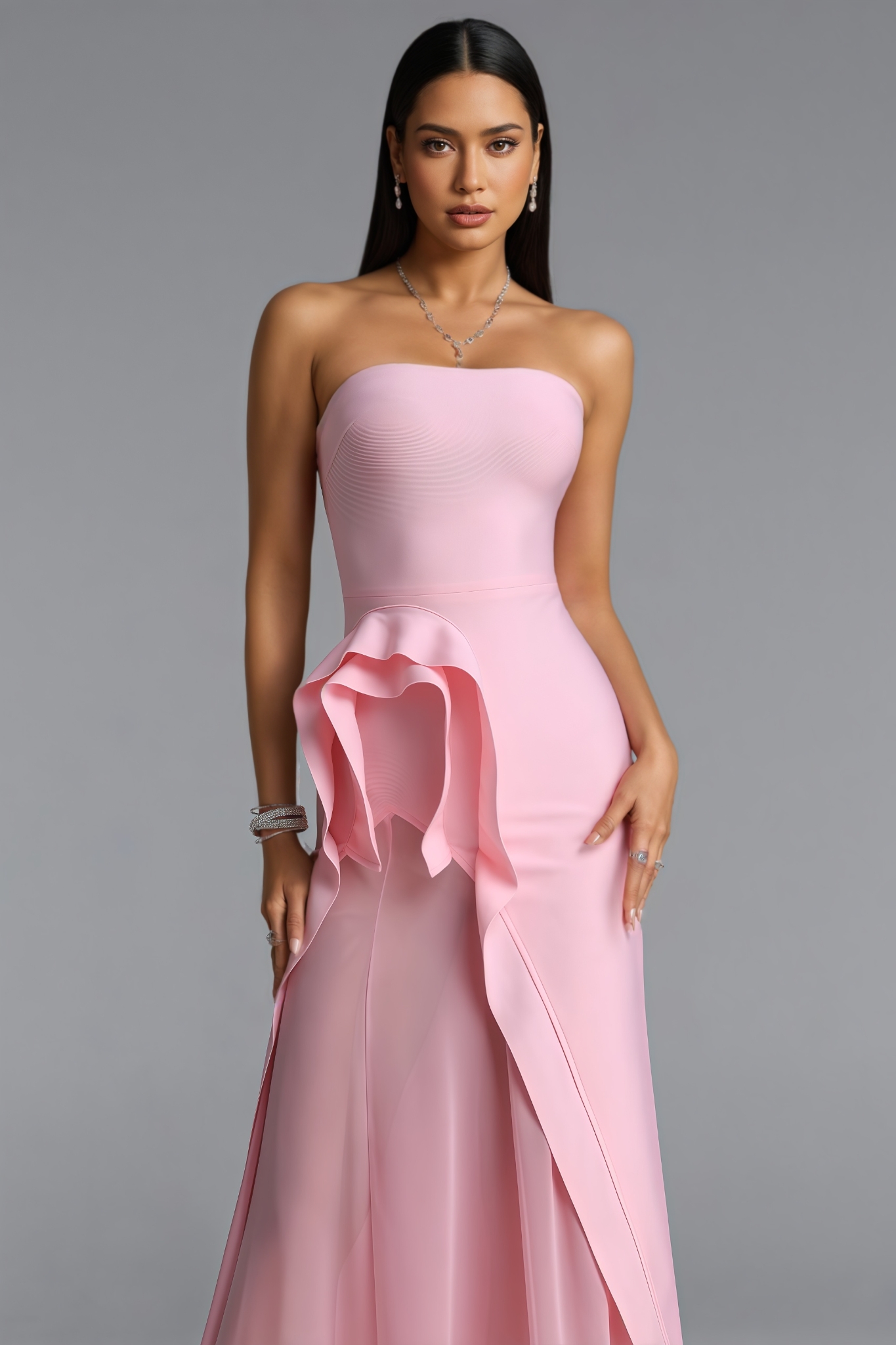 Mafferty Pink Strapless Ruffle Slit Maxi Dress