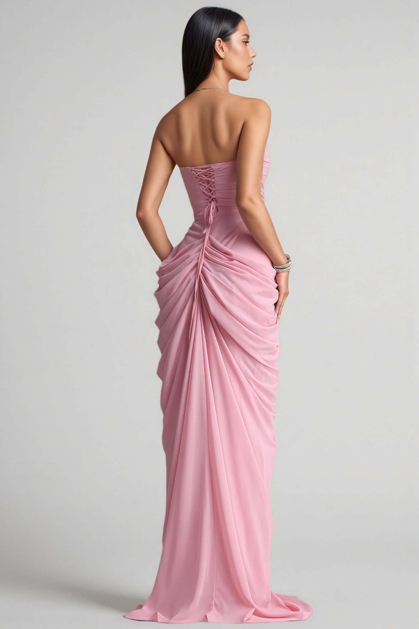 Nralen Pink Strapless Ruched Slit Maxi Dress