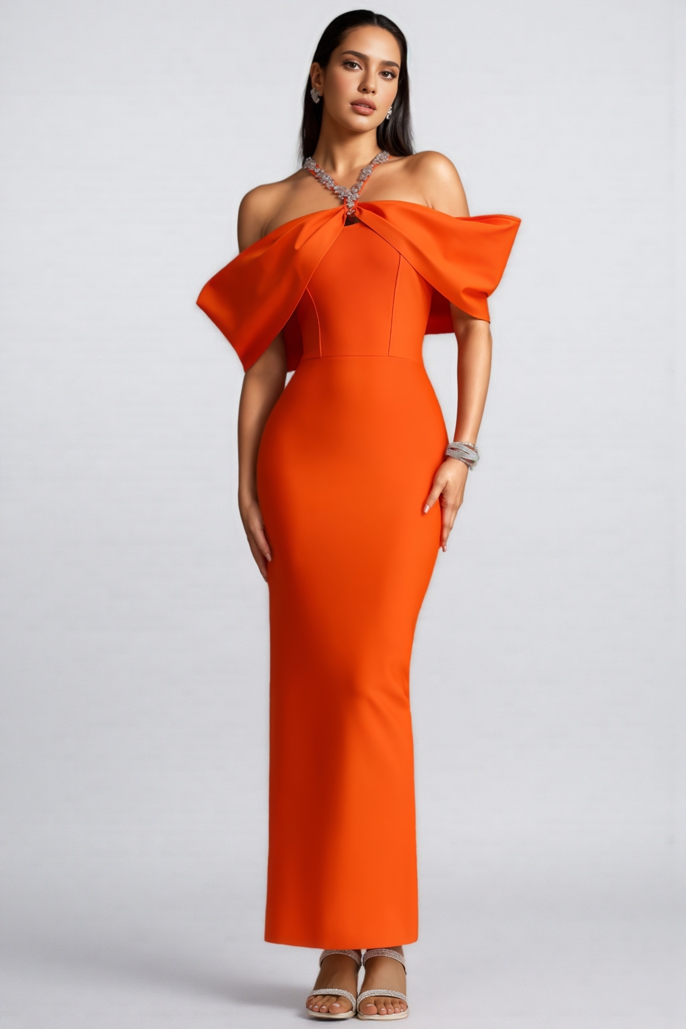 Niles Orange Halter Neck Diamond Bandage Maxi Dress
