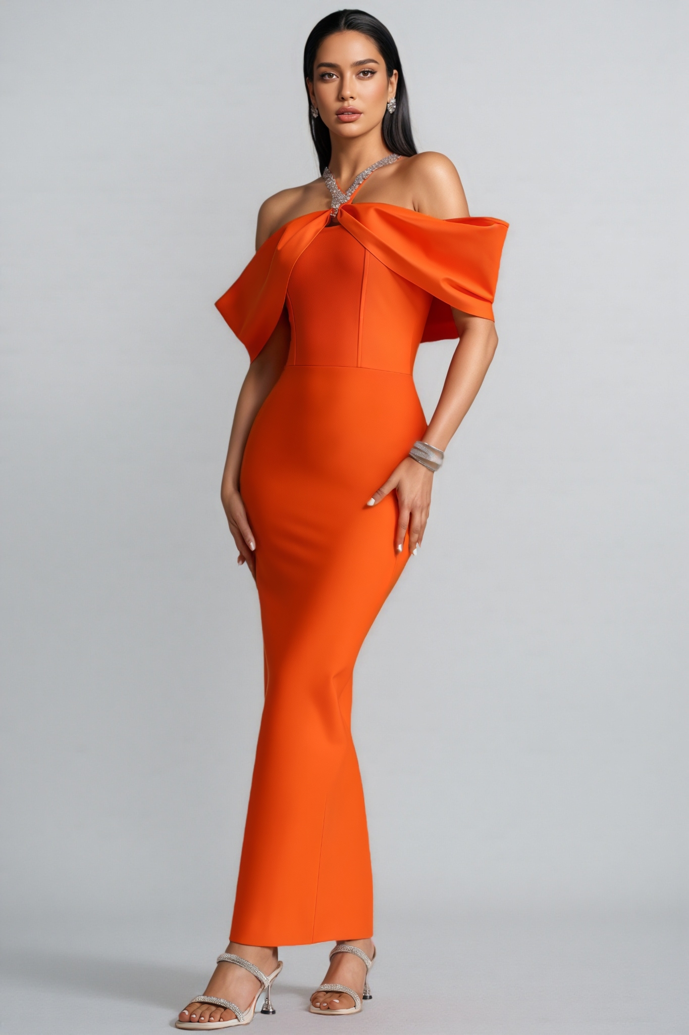 Niles Orange Halter Neck Diamond Bandage Maxi Dress