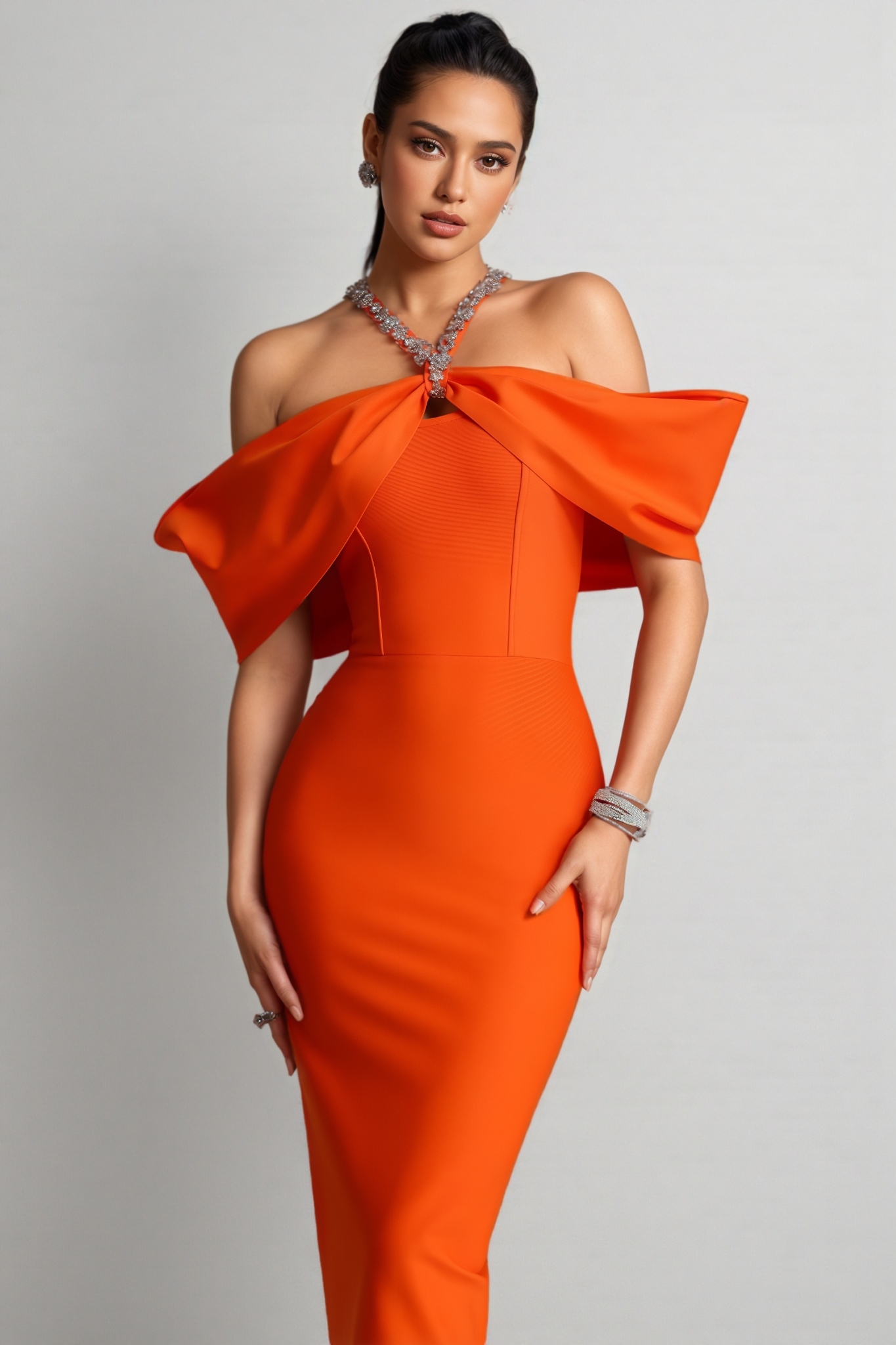 Niles Orange Halter Neck Diamond Bandage Maxi Dress