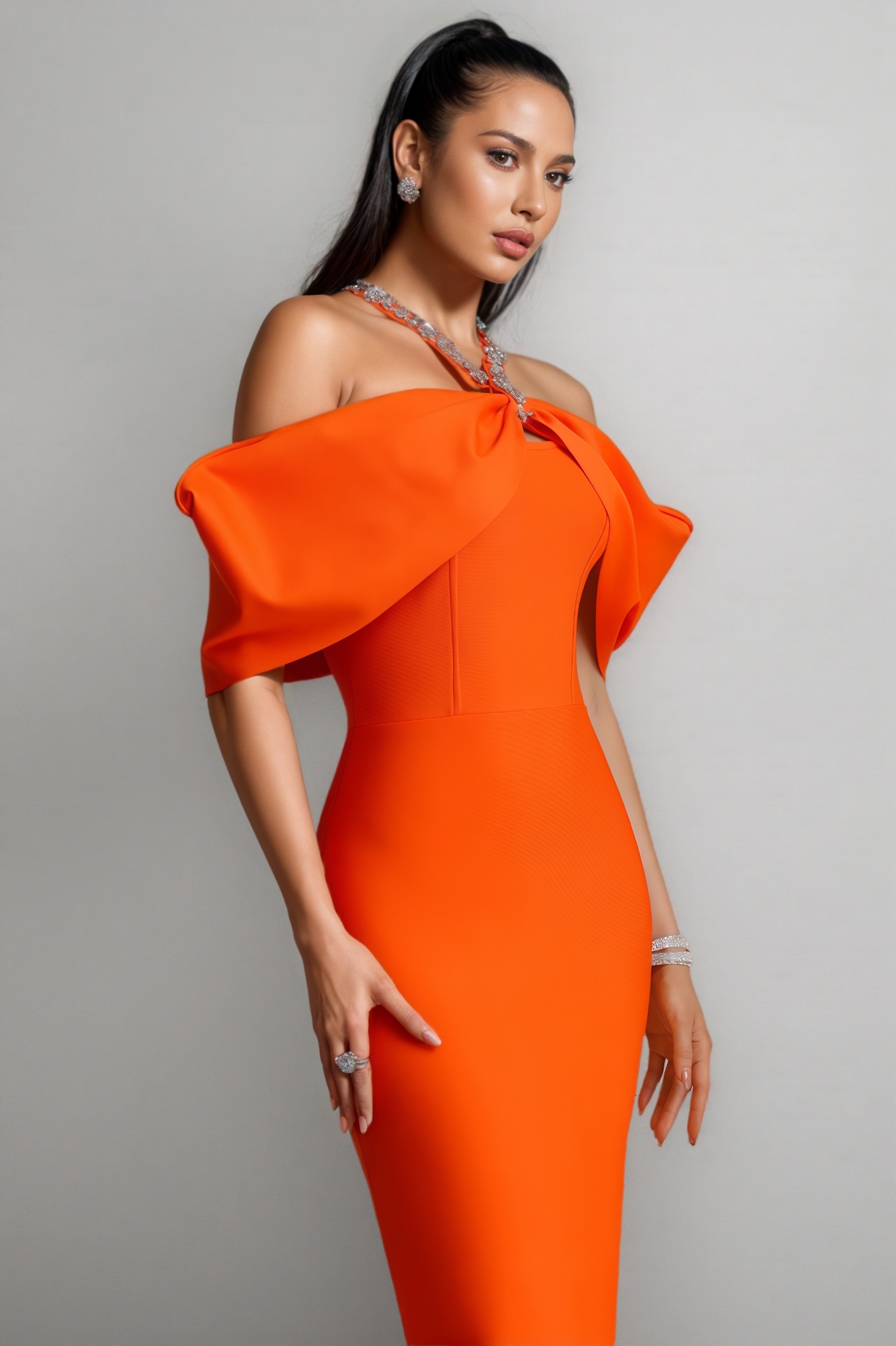 Niles Orange Halter Neck Diamond Bandage Maxi Dress