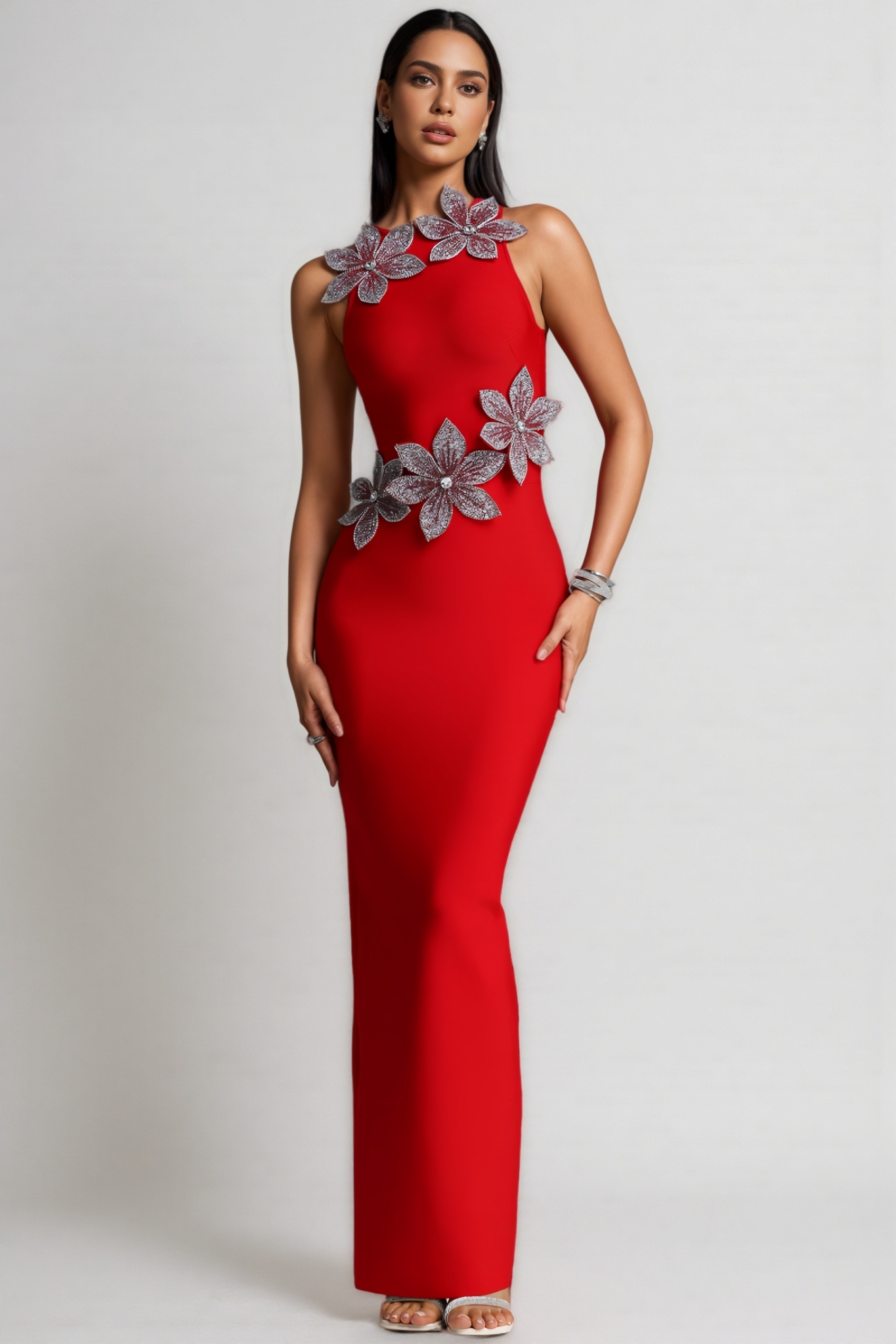 Jiers Red 3D Floral Diamond Bandage Maxi Dress