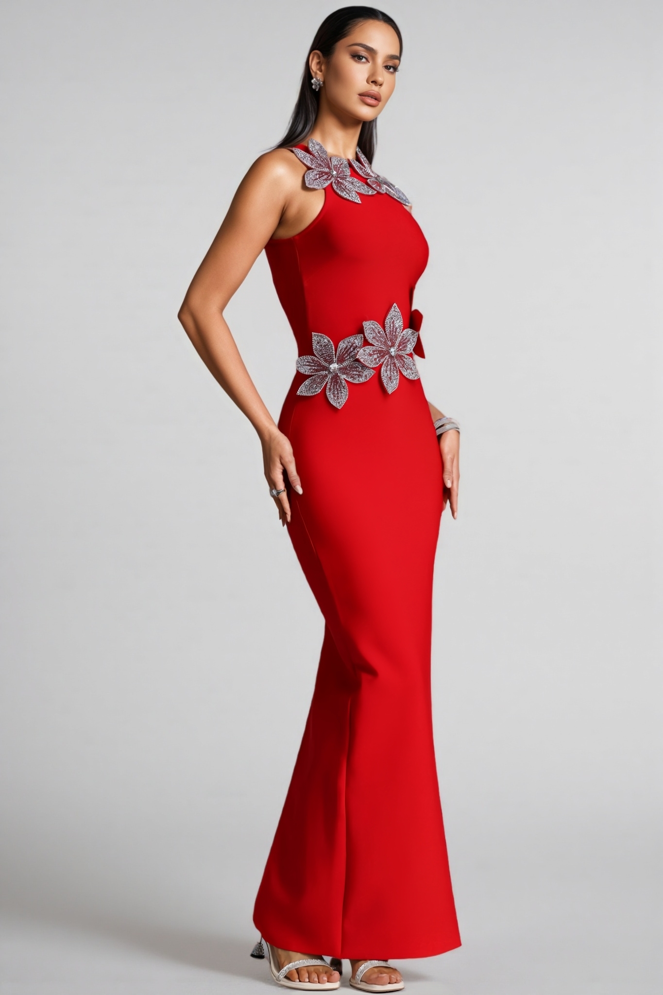 Jiers Red 3D Floral Diamond Bandage Maxi Dress