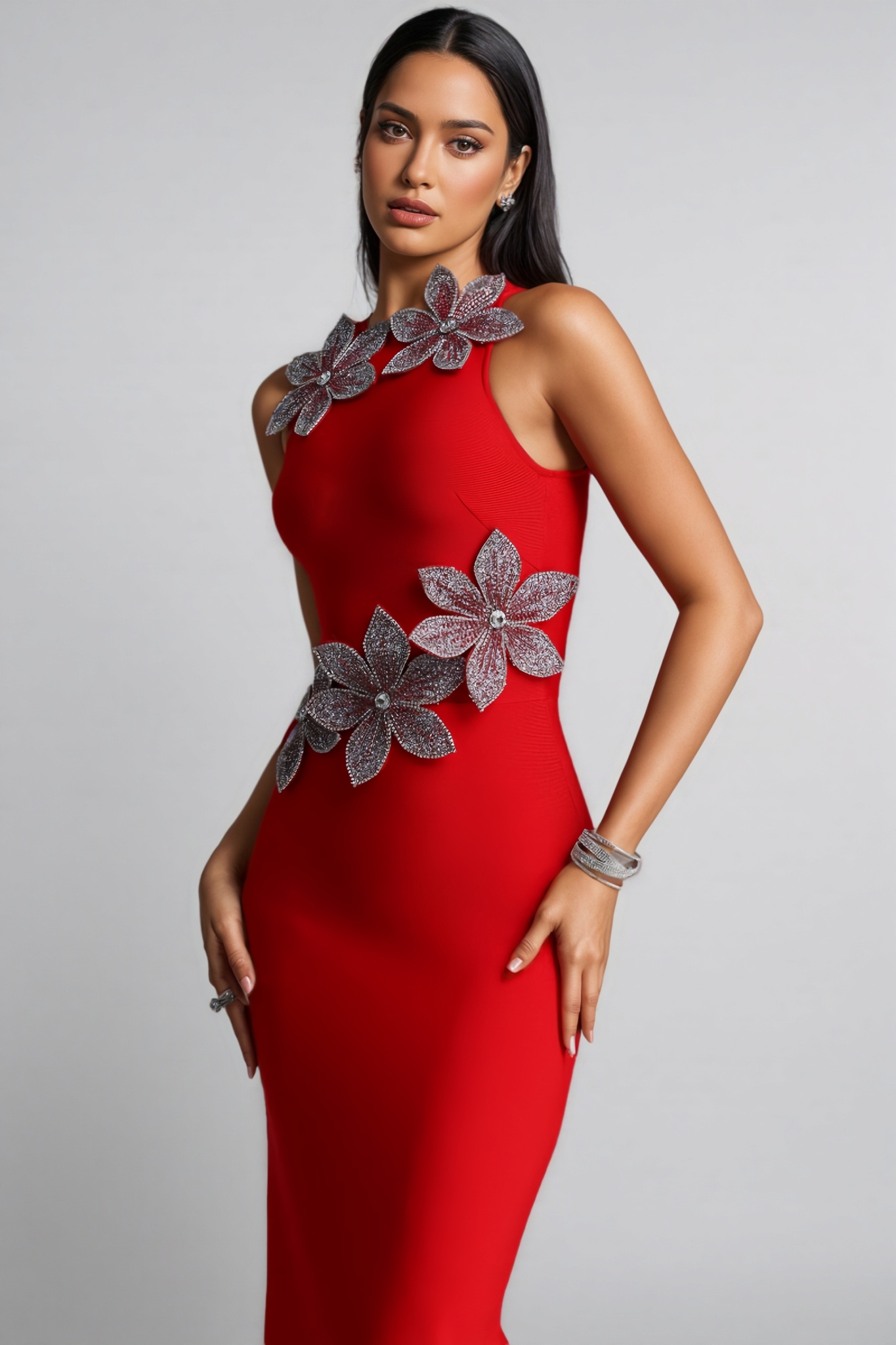 Jiers Red 3D Floral Diamond Bandage Maxi Dress
