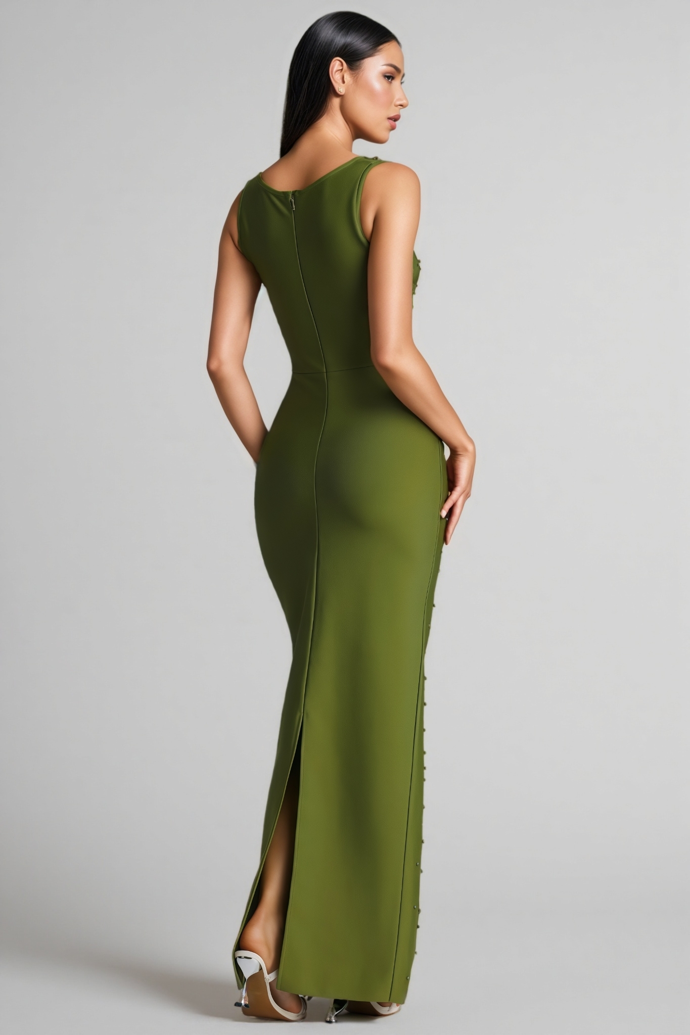Getal Green Pearl Beaded Bandage Maxi Dress