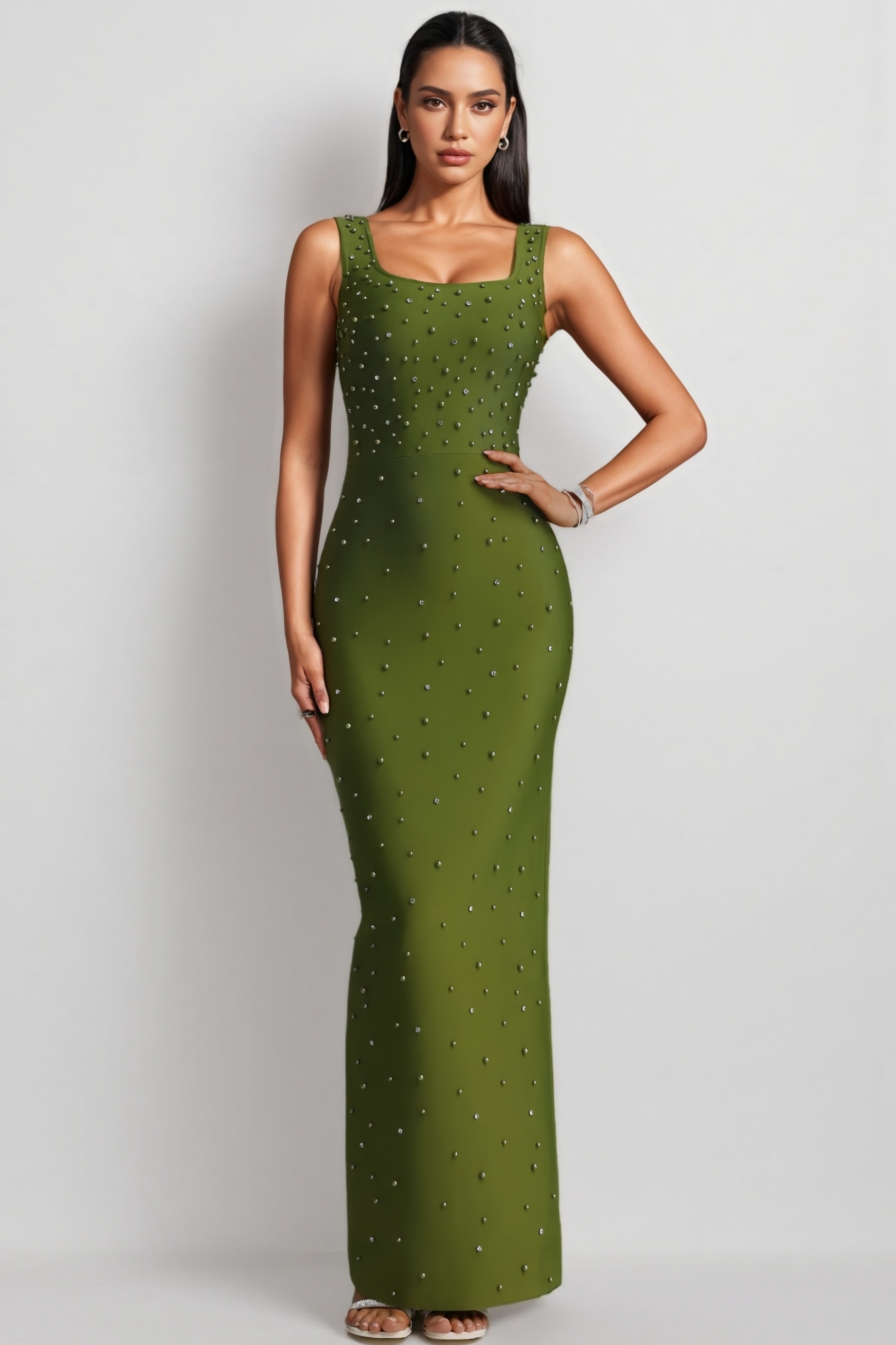 Getal Green Pearl Beaded Bandage Maxi Dress